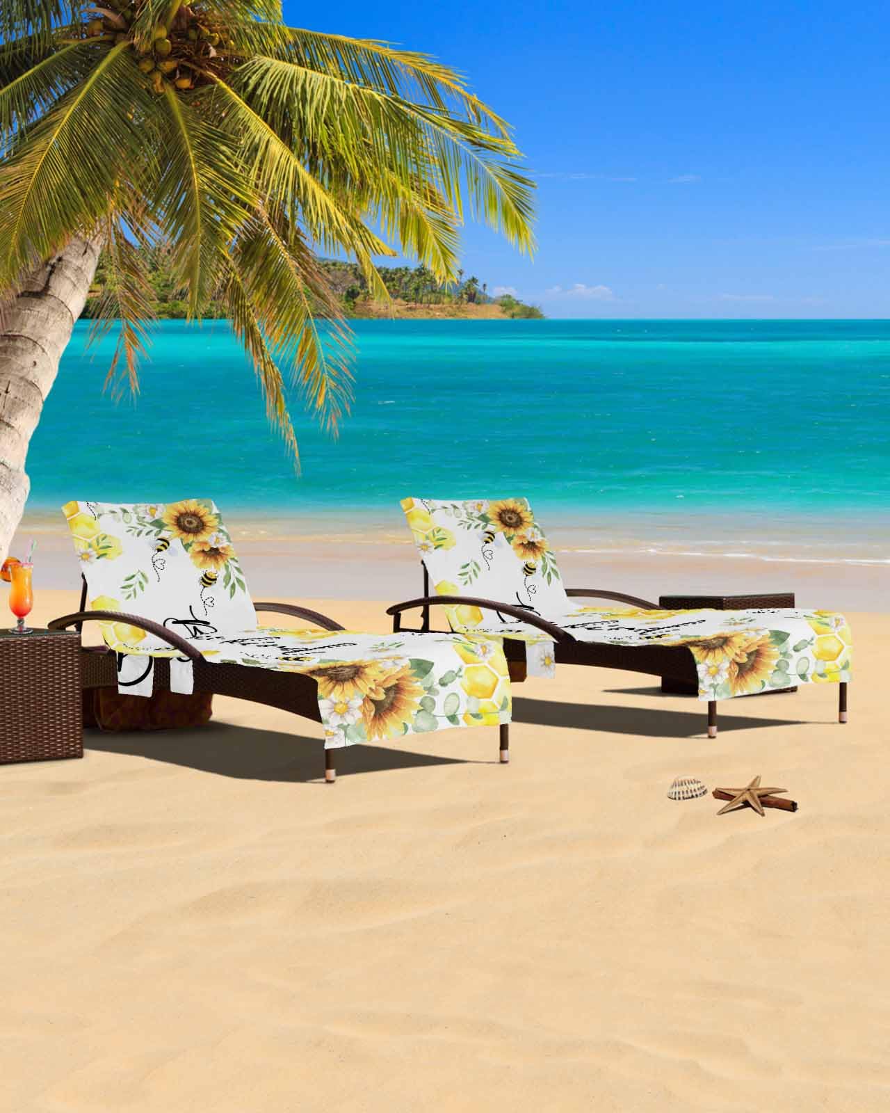 Sunflower Bee Beach Chair Cover with Side Pockets, Microfiber & Quick Dry Pool Chaise Lounge Chair Towels Covers for Sun Sunbathing Patio Garden Hotel, Yellow Honey Floral Eucalyptus Spring Summer
