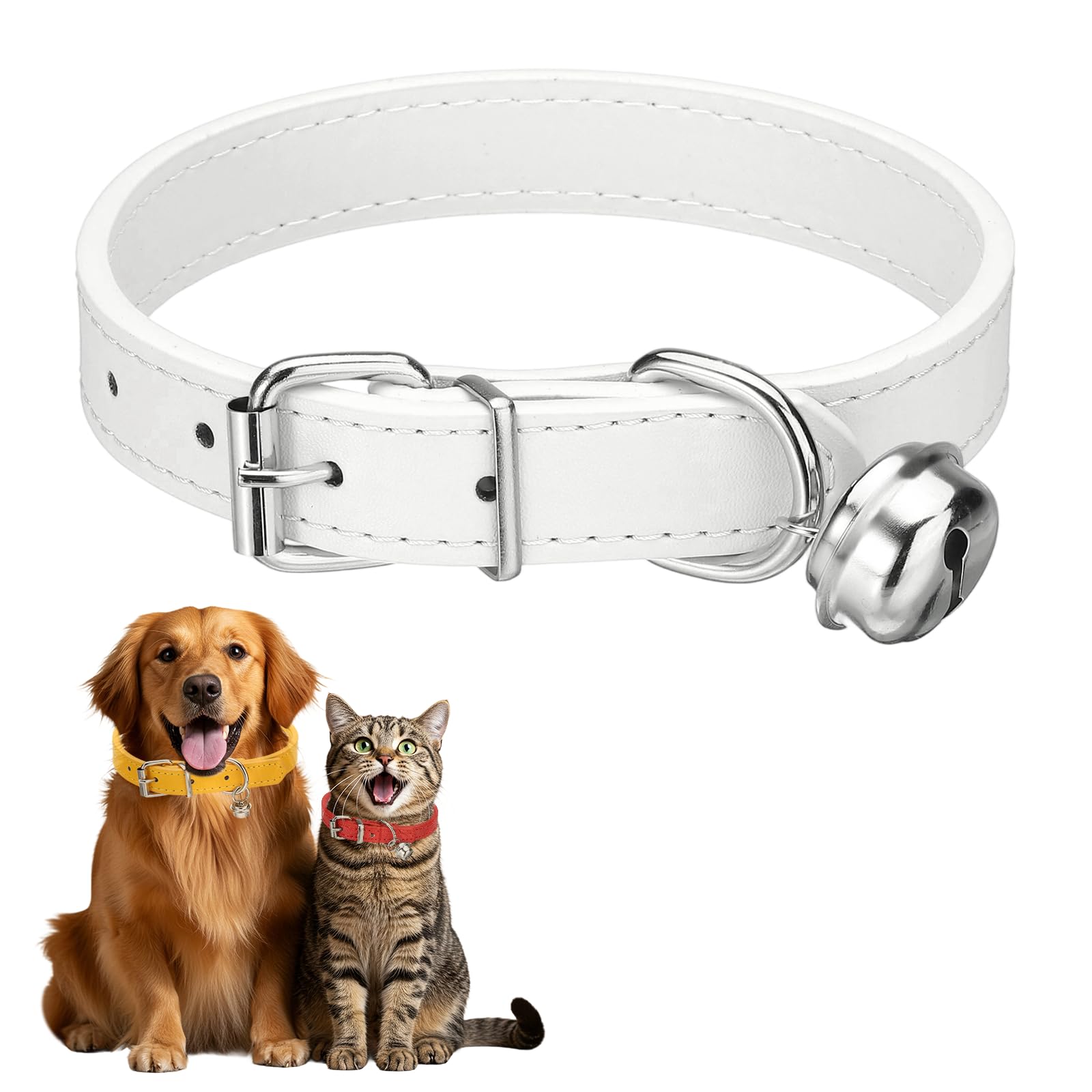 sourcing map Dog Collar with Bell, Pu Leather Cat Collars Pet Basic Soft Padded Adjustable Buckle, 16" (White, 1 Pcs), Intended for Teacup/Little Dog/Kitten Cats/Small Animals
