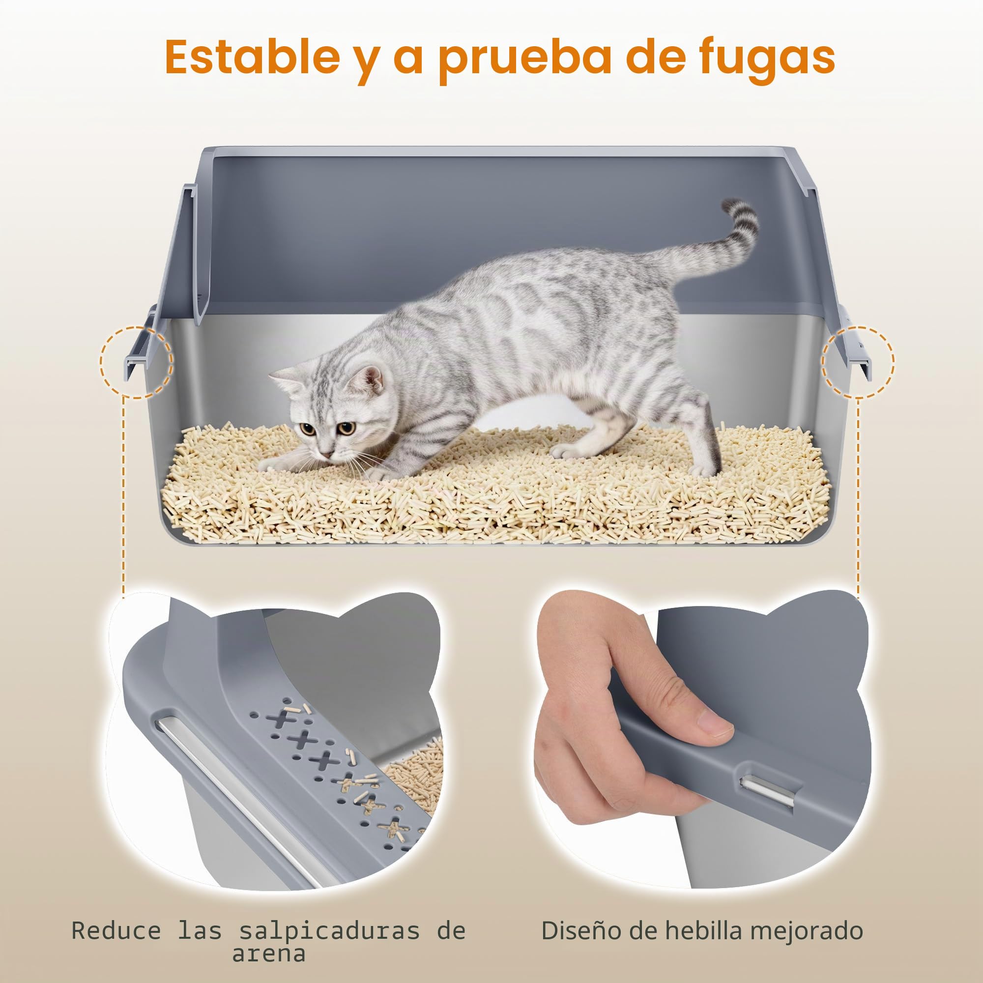 Arenero Acero Inoxidable Gatos XXL, 60,5x40x29cm, Gris Oscuro