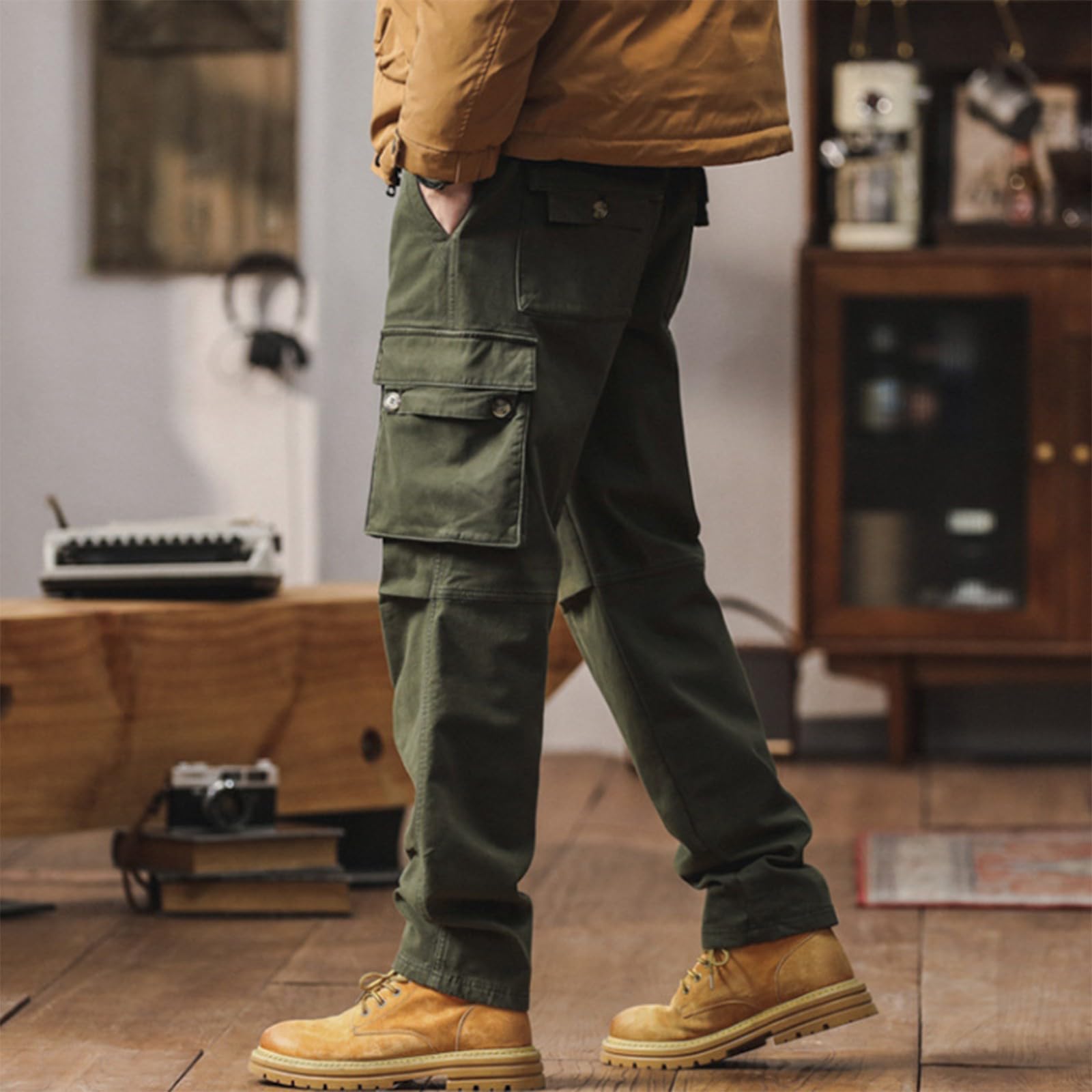 Dicke Herren-Arbeitshose Winter - Warm Fleece-Gefütterte Cargohose Mehrere Taschen Jogginghose Baggy Trainingshose Outdoor-Wanderhose Militär Taktische Arbeitshosen Gerades Bein Freizeithose
