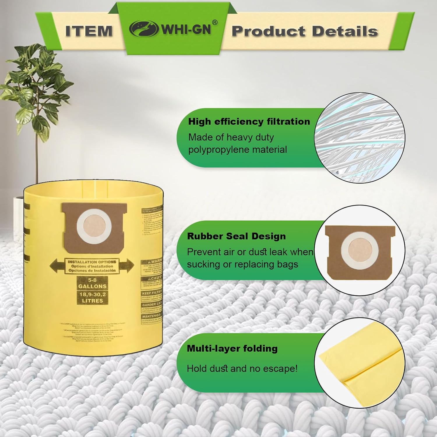 Pack 12(10+2) Shop Vac Bags 5-8 Gallon, 90671 9067133 Type H, 90661 9066133 Type E, VF2004, VHBS, VDBS High-Efficiency Disposable Collection Filter Bags, 90107 Dry Reusable Vacuum Filter Kit