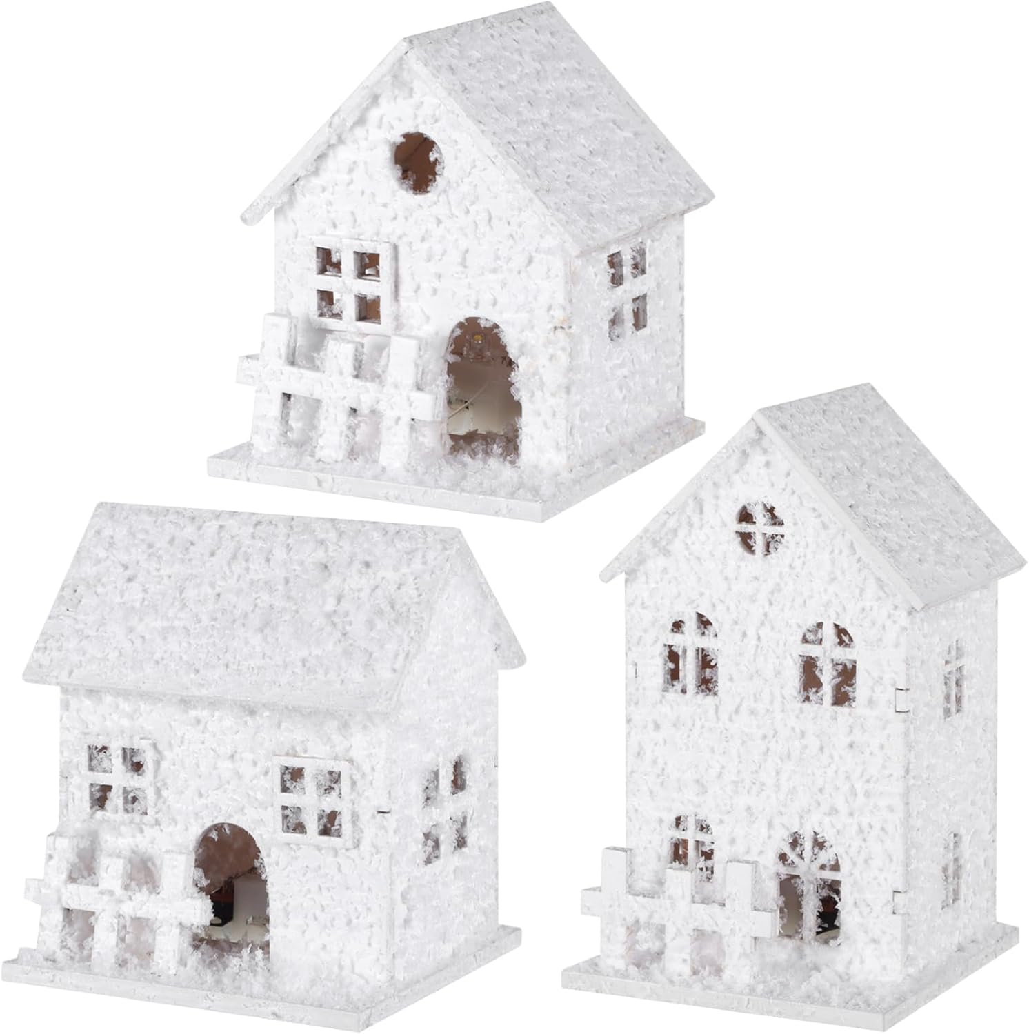 Cabilock Christmas Village Houses Sets：3Pcs Xmas Glowing Cabins Wooden Crafted, DIY Snow Houses Christmas Decorations Figurines for Winter Holiday Party
