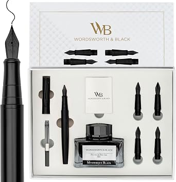 Wordsworth & Black Luxury Fountain Pen Set for Writing, 6 Nibs, All Black