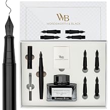 Wordsworth & Black Fountain Pen Gift Set, Includes Ink Bottle, 6 Ink Cartridges, A Refill Converter, 4 Replacement Nibs, Journaling, Calligraphy, Smooth Writing Pens [All Black]