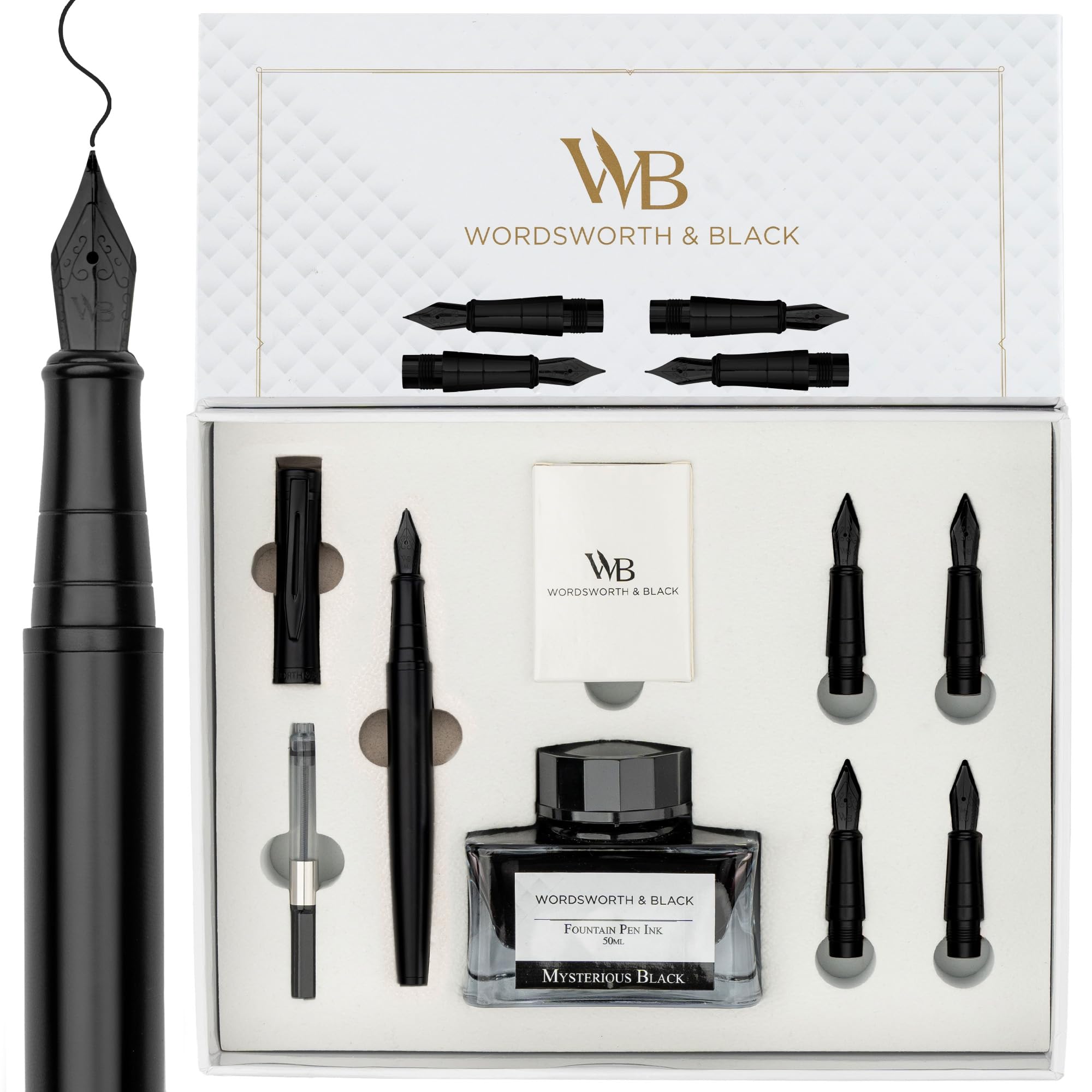 Wordsworth & Black Fountain Pen Gift Set, Includes Ink Bottle, 6 Ink Cartridges, A Refill Converter, 4 Replacement Nibs, Journaling, Calligraphy, Smooth Writing Pens [All Black]