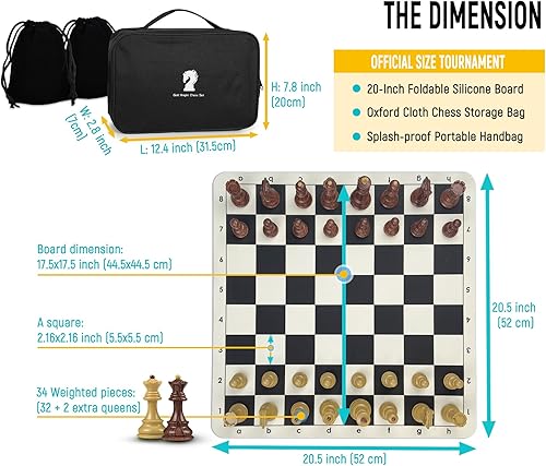 Miniatura 8 de Juego de ajedrez de torneo, juego de ajedrez de silicona plegable de 20 pulgadas, juego de ajedrez de viaje, juego de ajedrez portátil para adultos,