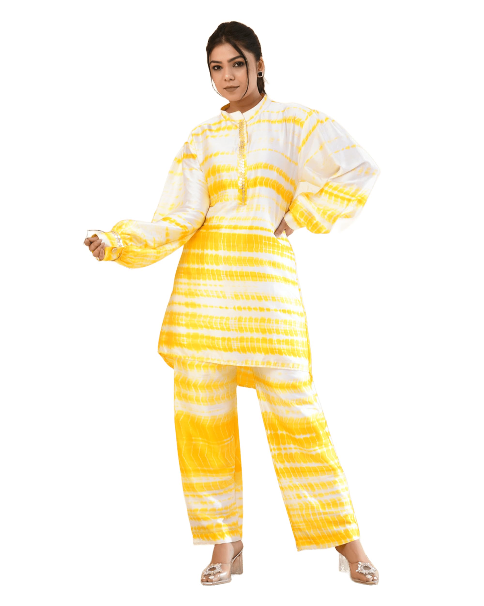 chhaap tilak Women Satin Tie & Dye Printed Hand Work Co-ord Set with Shirt Style Top and Straight Pants | Stylish Two Piece Outfit for Women (Yellow)-picture-52