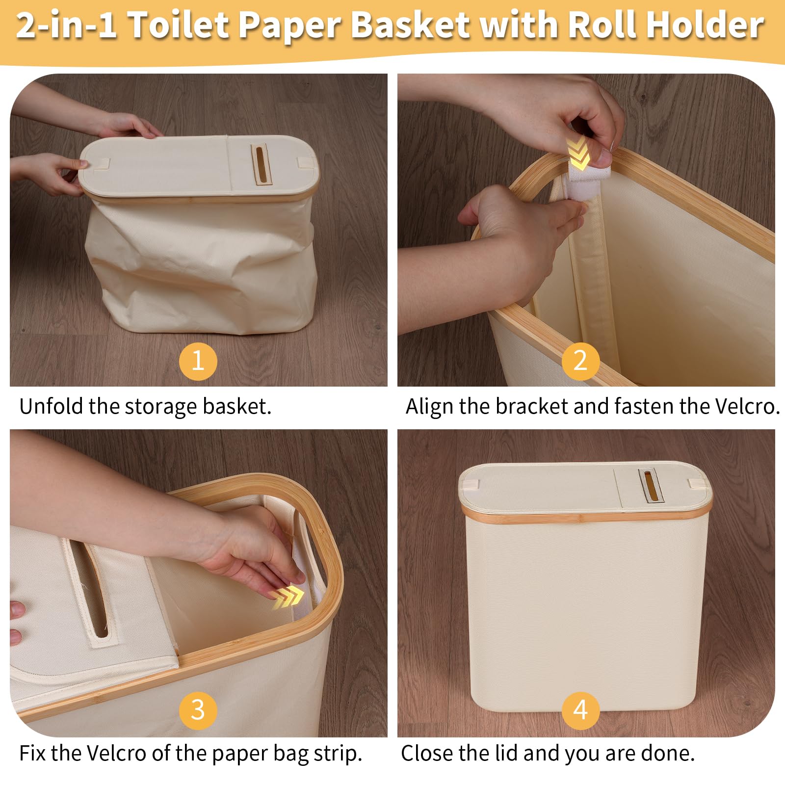 efluky 28L 2-w-1 Kosz na papier toaletowy z bambusa z wysuwannym uchwytem, organizer na papier toaletowy, przechowalnia na papier toaletowy z pokrywą, składana skrzynka do przechowywania na łazienkę