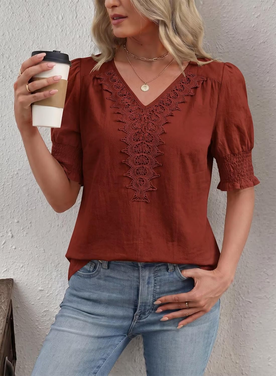 Falechay Womens Summer Tops Short Sleeve Shirts V Neck Lace Casual Loose Fit Blouses Boho Flowy Clothing Trendy 2026
