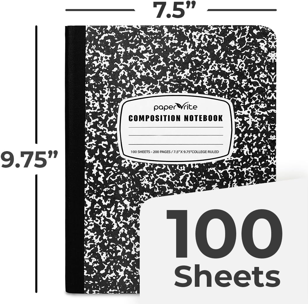 College Ruled Composition Notebook Black Marble | 100 Sheets | 9.75 x 7.5 Inches | Durable Sewn Binding for School & Office Use (48)