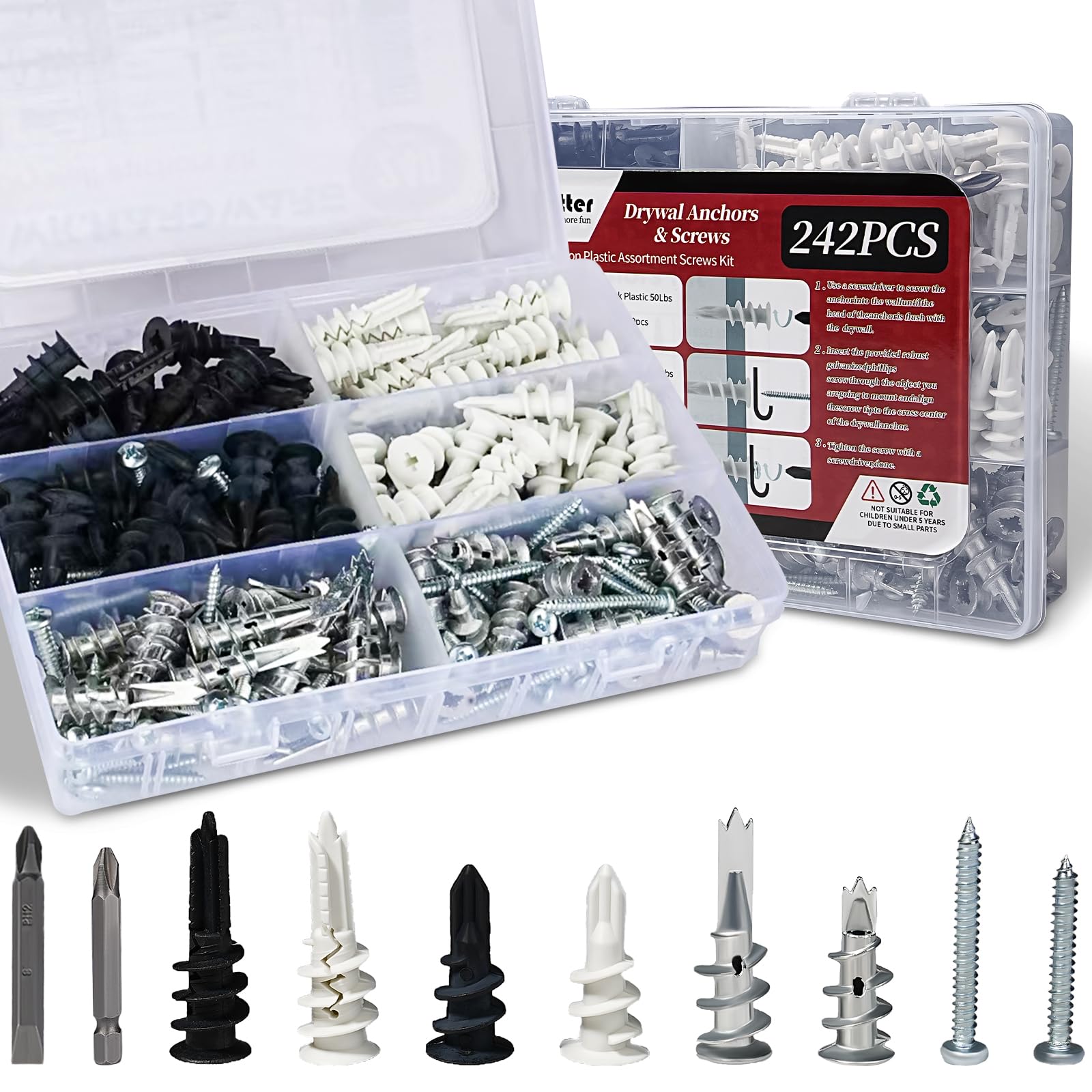 QCQIANG 240-Piece Zinc Drywall Anchor Set – Self-Drilling, With Screws & Cross Groove Drill Bit, Heavy Duty For Walls, Indoor & Outdoor