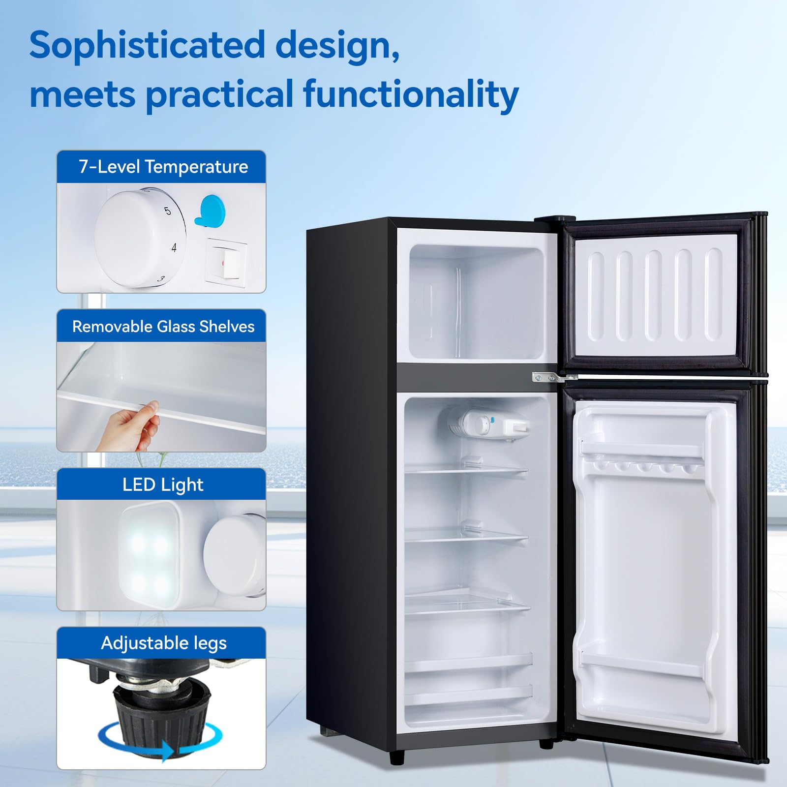 Drixno Mini Fridge With Freezer Black 4.0 Cu.Ft Apartment Size Refrigerator Compact Small For Bedroom, Office, Dorm, RV, With Adjustable Mechanical Thermostat Double-Door Design on Fridge.com - View 3