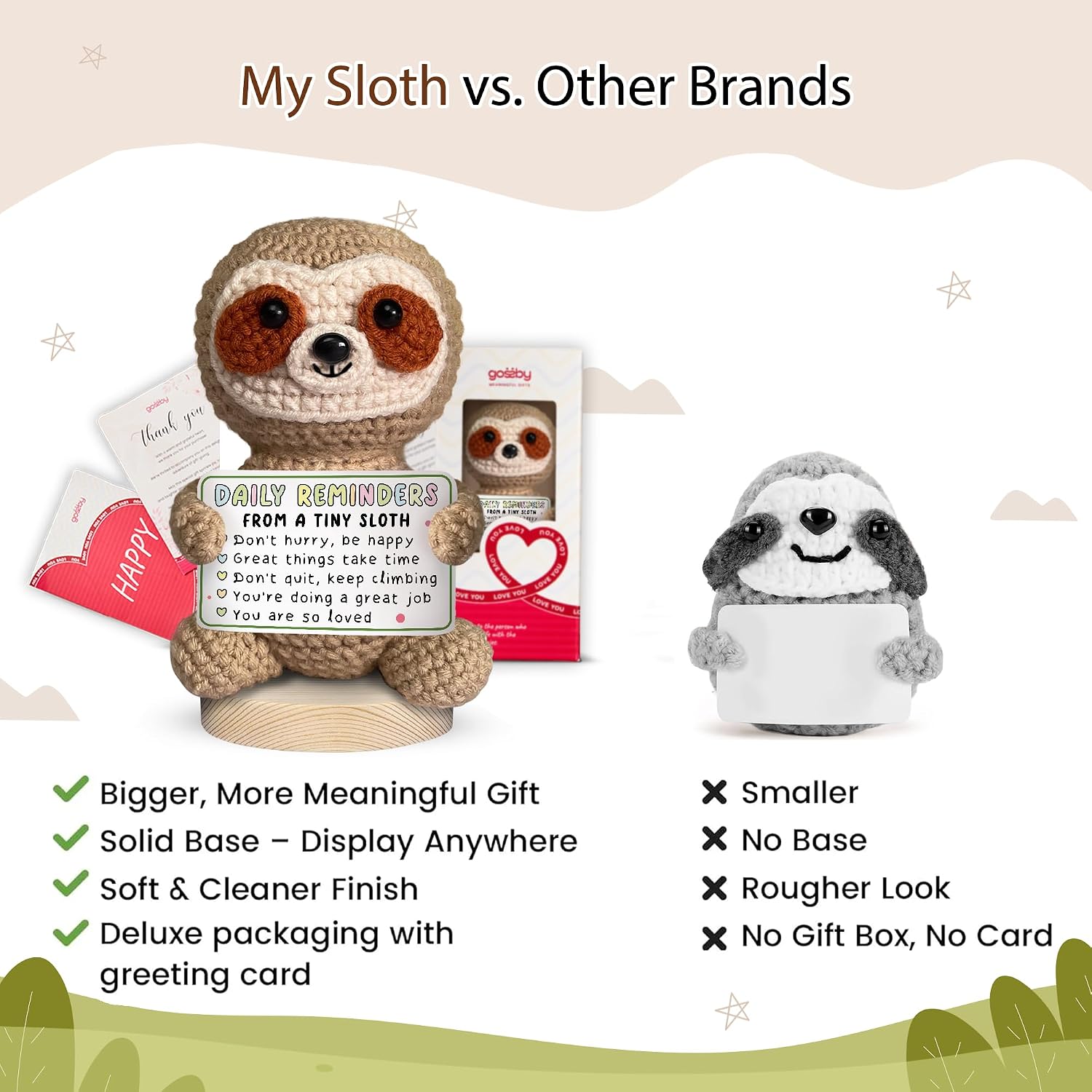 GOSSBY Positive Sloth Crochet - Inspirational Gifts for Women Men - Birthday, Christmas, Encouragement Gift for Coworker, Employee, Friend - Emotional Support Animal Plush - Daily Reminders