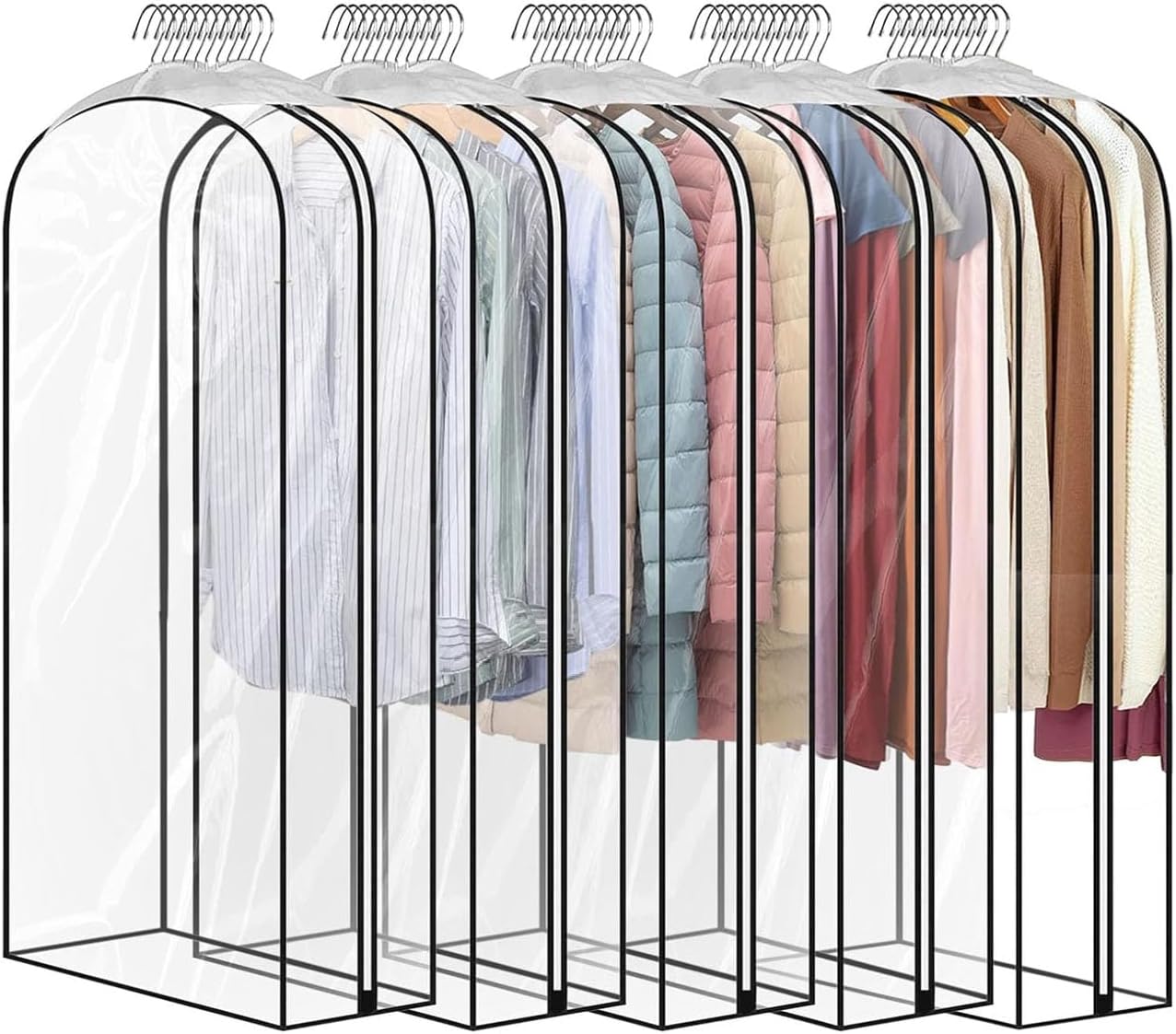 5 Pack 60" All Clear Garment Bags for Hanging Clothes Storage, 10" Gusseted Large Capacity Garment Rack Cover, Large Hanging Clothing Bag for Dress Gowns, Coats, Suit, Down Jacket