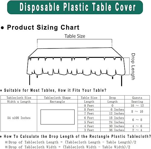 Miniatura 6 de Manteles de plástico para mesa rectangular de 8 pies, paquete de 2 manteles desechables de 54 x 108 pulgadas, hechos de PEVA, color liso, ideales