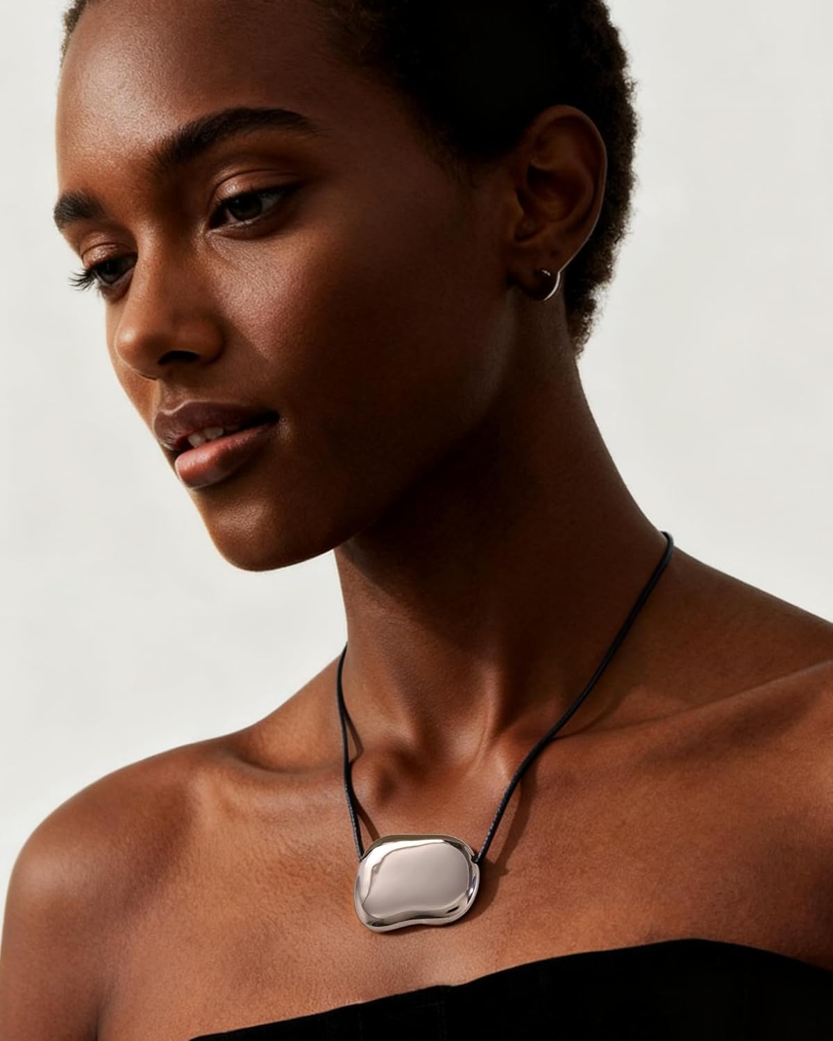 Chunky Silver Pebble Necklace for Women Minimalist Large Silver Pendant Necklace Adjustable Long Black Cord Neck-lace Chic Style Statement Cowboy Cowgirl Jewelry Accessories Gifts for Her - Image 4