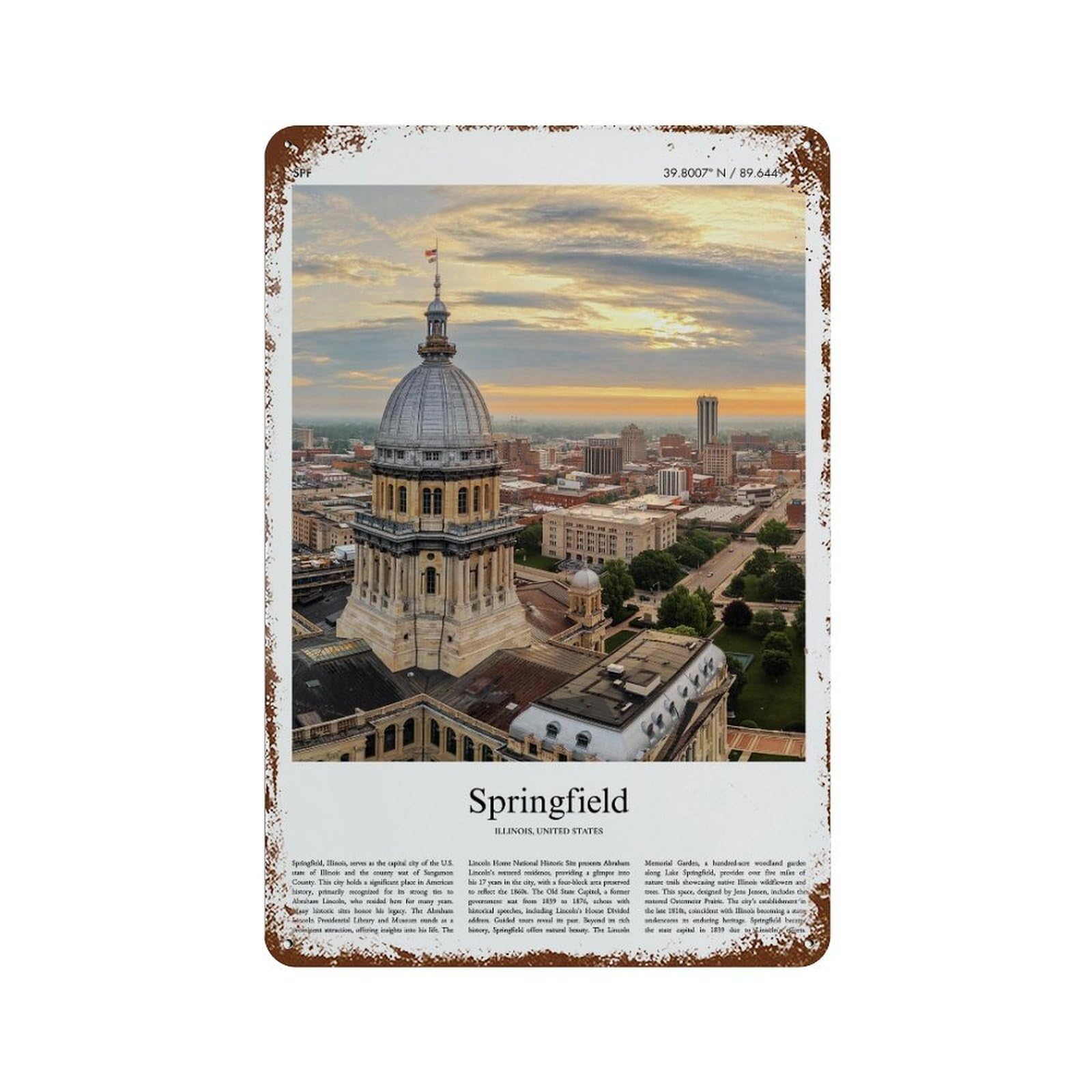 xiaoxiaoshen Springfield Illinois, United States, USA City Scenery Wall Decor Art Metal Tin Poster Modern Home Decor Art Home Bar Shop Decorations Vintage Sign 30x20cm