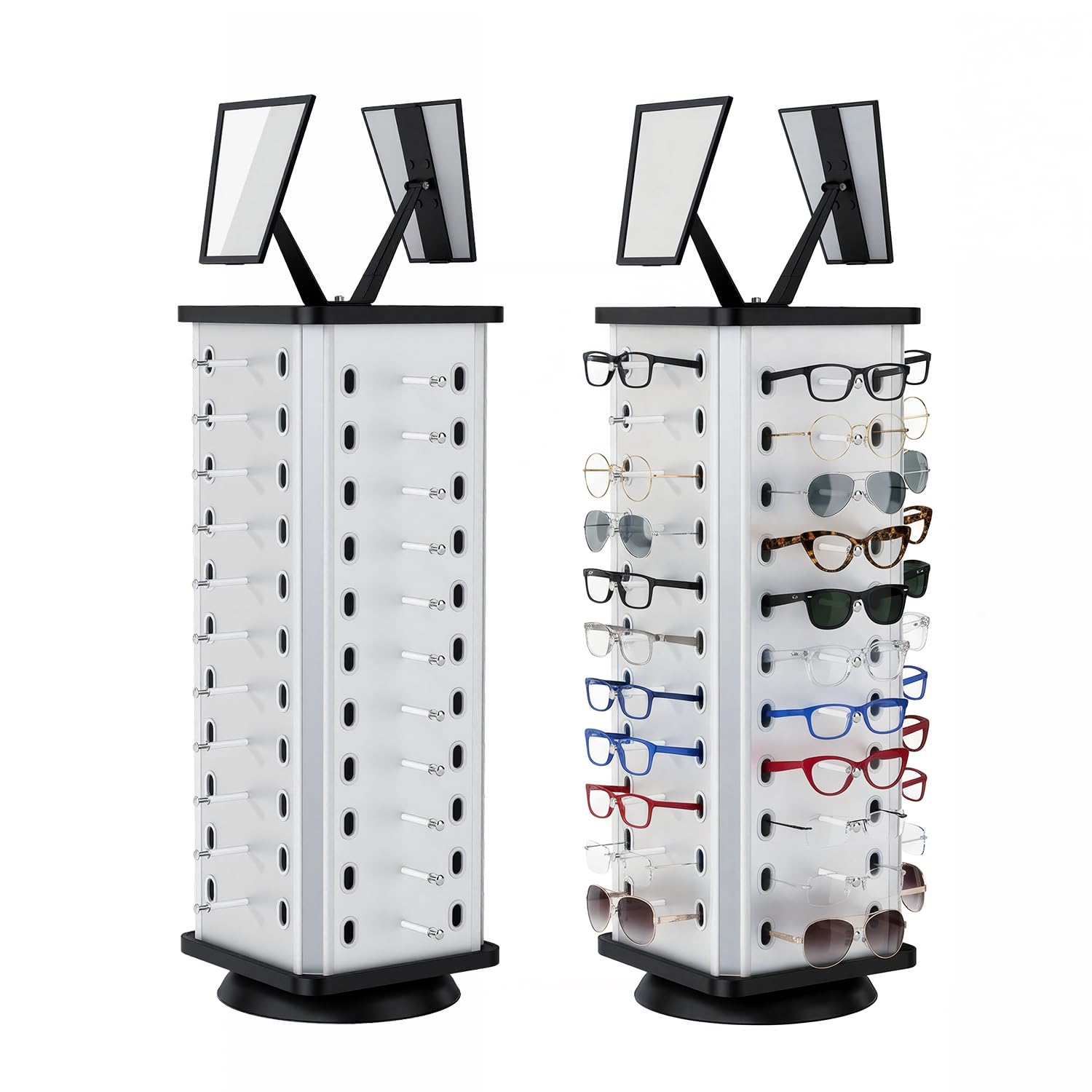 Petour Silver Glasses Display Stand, Rotating Sunglasses Display Shelf For 44 Pairs, Glasses Stand Holder For Display With 2 Mirrors, Commercial Large Capacity Eyeglass Shelving Rack For Stores Countertop