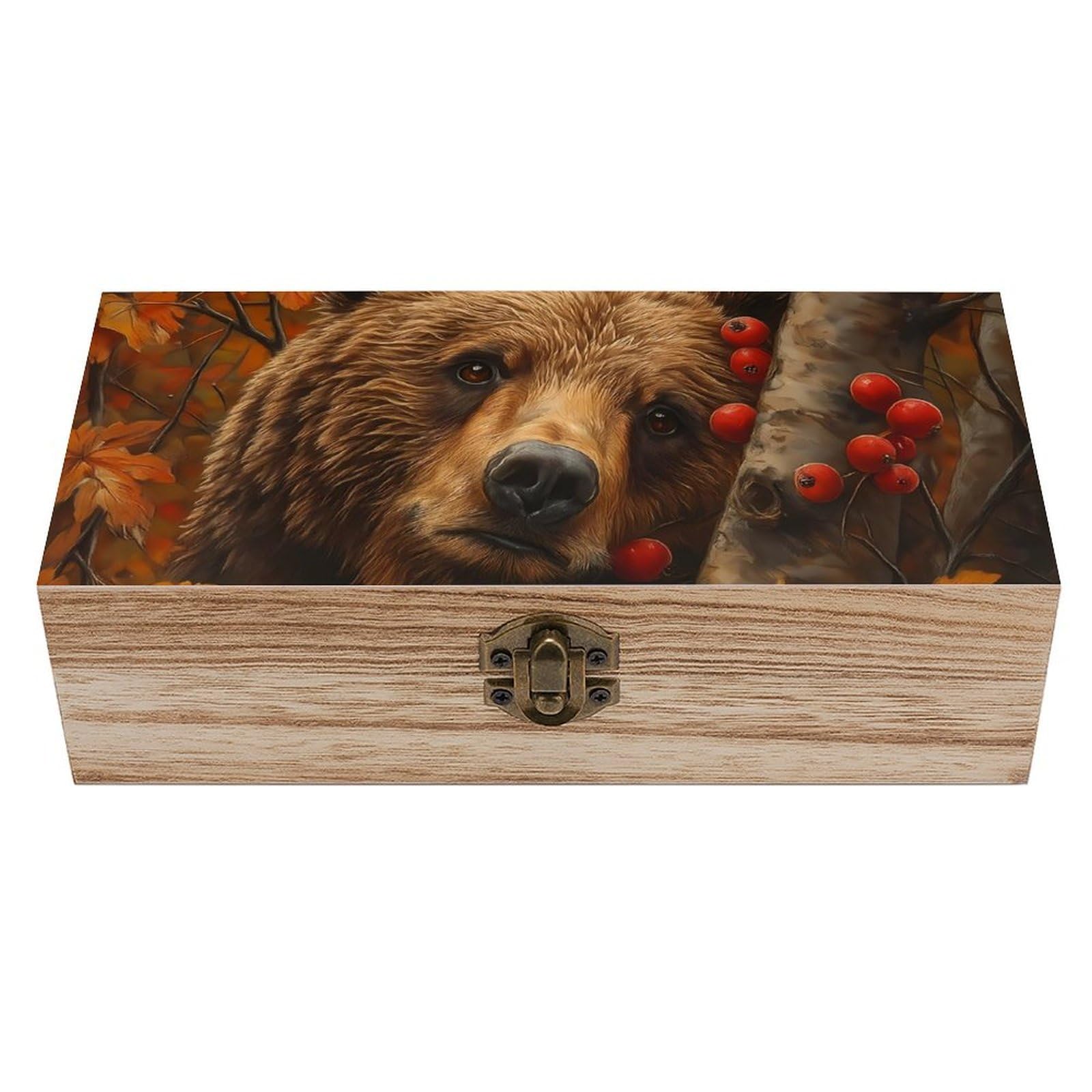 Oudrspo Retro Bear Maple Leaves And Berries Retro Wooden Storage Box Keepsake Jewelry Decorative Art Storages Box Gift Boxs
