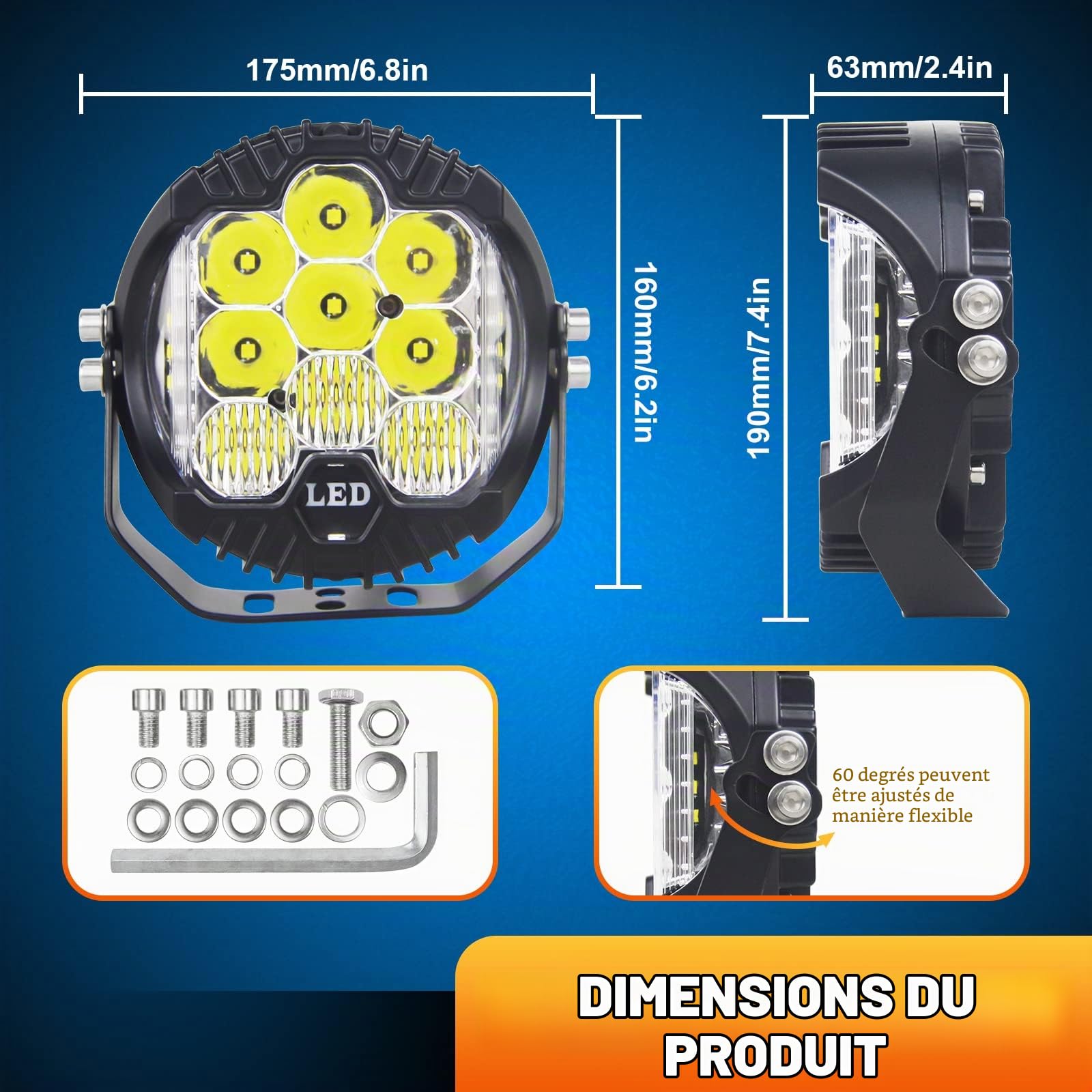 RIGIDON Rond Phare de Travail Led, 7 Pouces 75W 7500LM 12V 24V 6000K Blanc