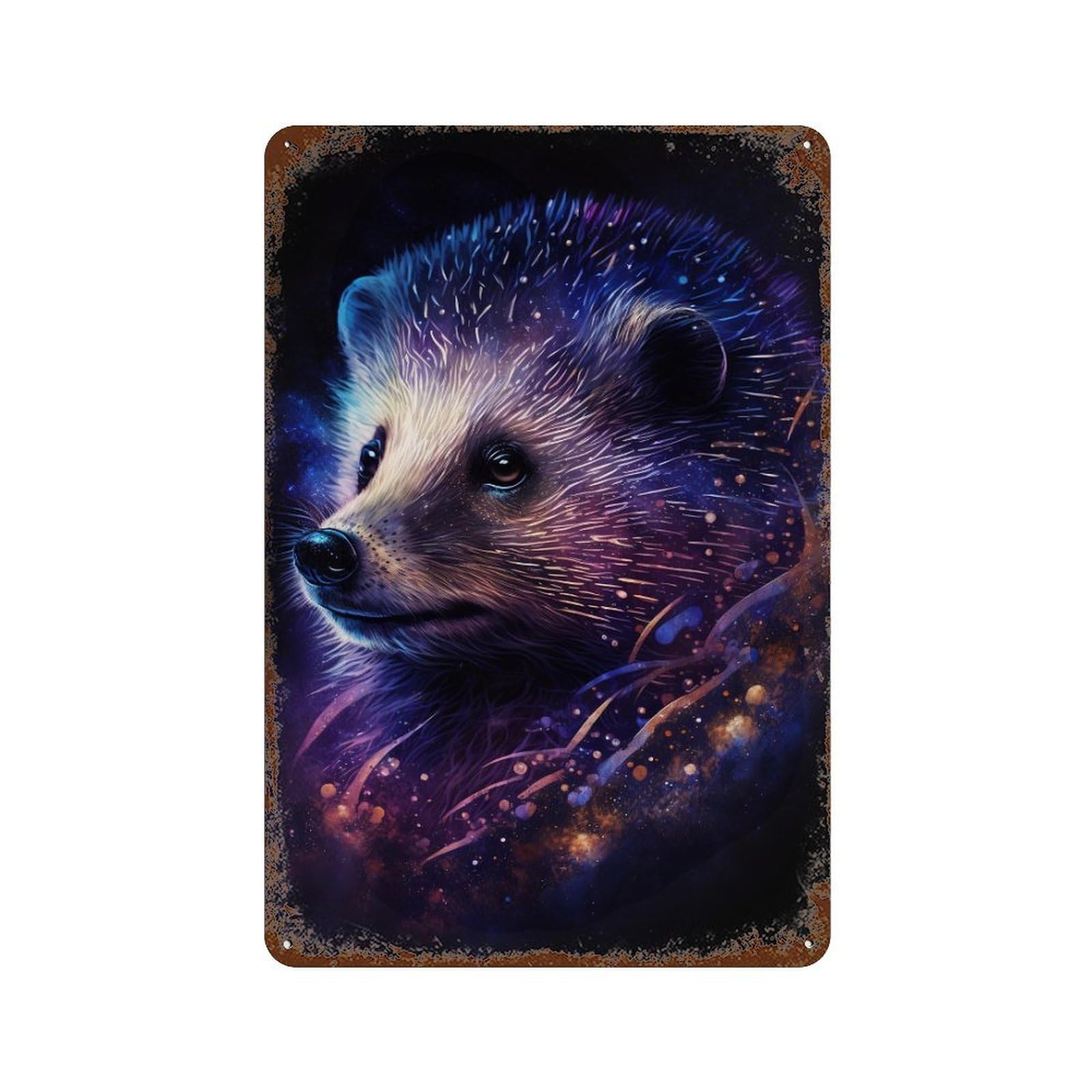 Vintage Rust Metal Sign with Galactic Hedgehog Art Print -3 Design 11.8"x7.9", for Office, Studio And Wall Decor, Farmhouse Wall Decor