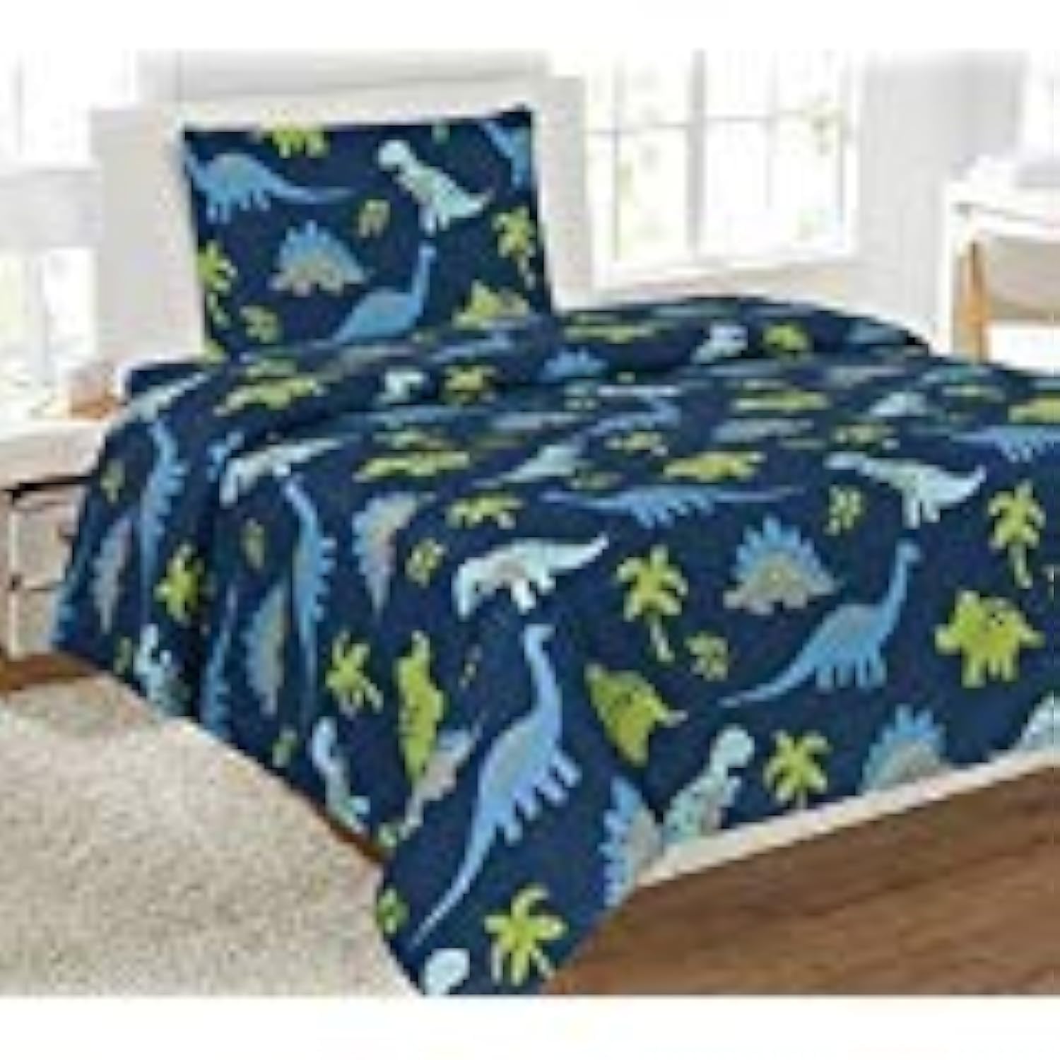 Linen Plus Juego de sábanas para niños y adolescentes, dinosaurio jurásico, azul oscuro, verde, gris, azul claro, sábana bajera ajustable y funda de almohada, tamaño individual
