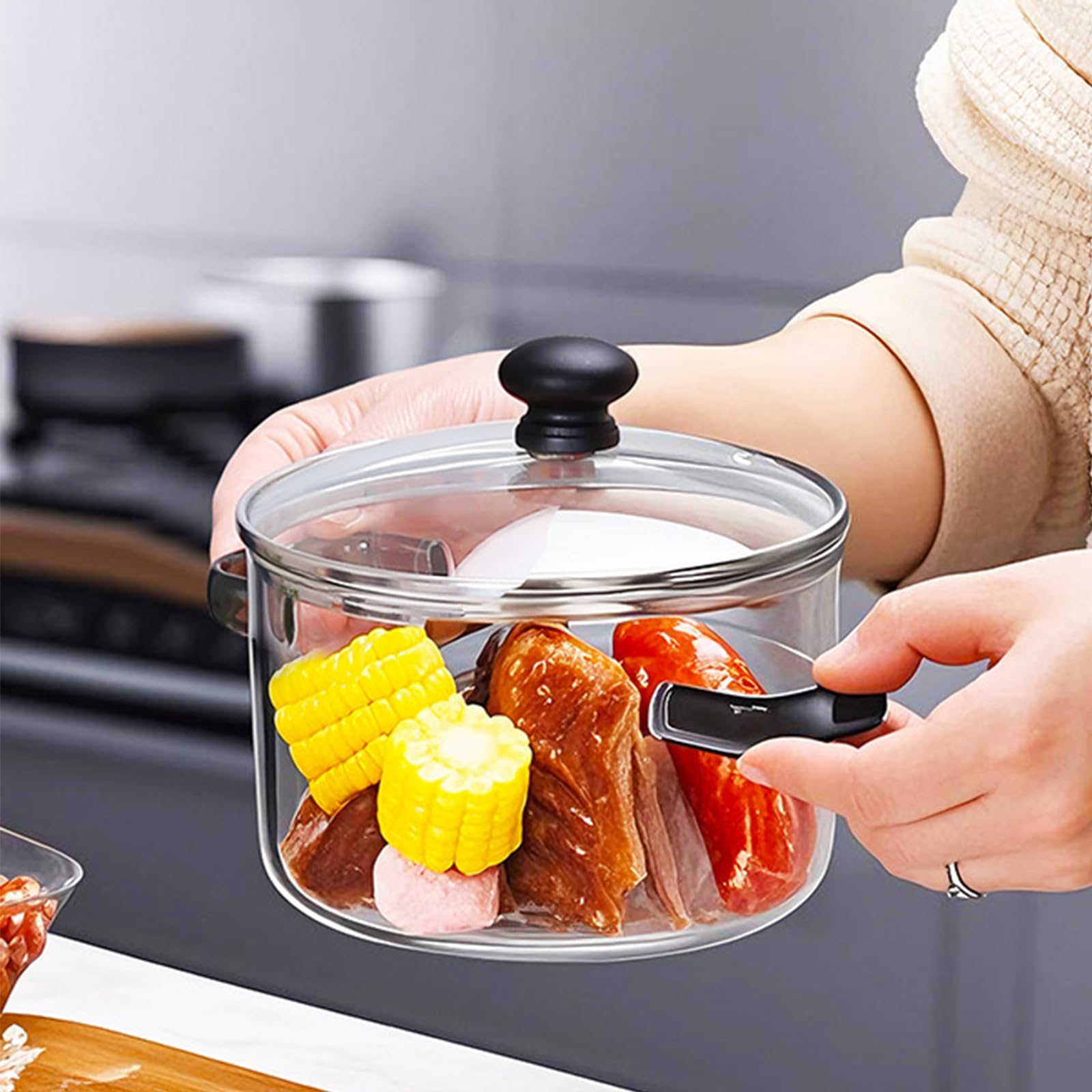 Kochtopf aus Glas mit Deckel, 1,6 l, transparenter Kochtopf für Nudeln, Milch, Suppe