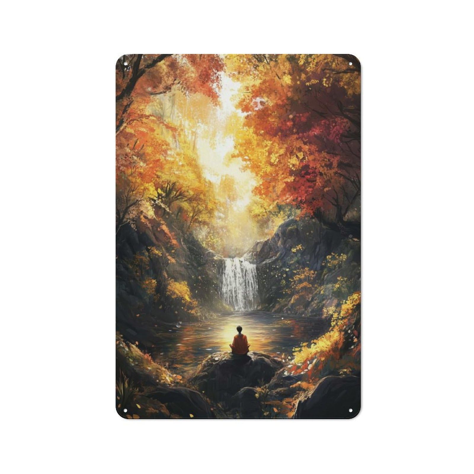 Junmoney Style-1 Shop Front Style Autumn Meditation By Waterfall Cafe Metal Sign 30X20cm, Bistro Wall Plaque For Tea Room, Shop Wall Or Breakfast Area