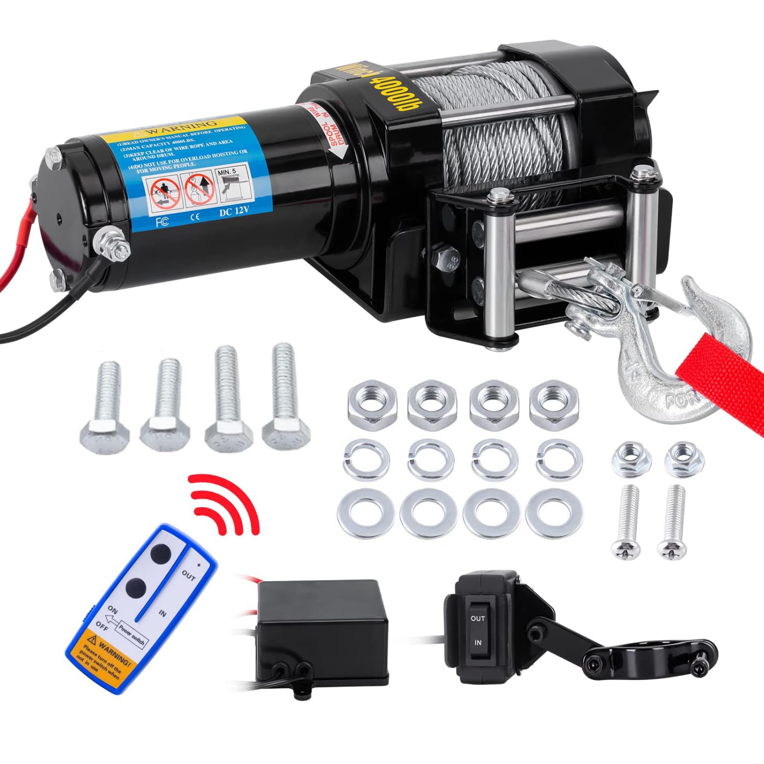 VOBOR Cabrestante de Cable Eléctrico 12V,Cabrestante 4000lbs con Control Remoto por Radio e Interruptor Manual,1.2kw 1.6HP Cabrestante de Grúa de Tracción de Cable para ATV(Wire Rope: Wb4.8mm*15m)