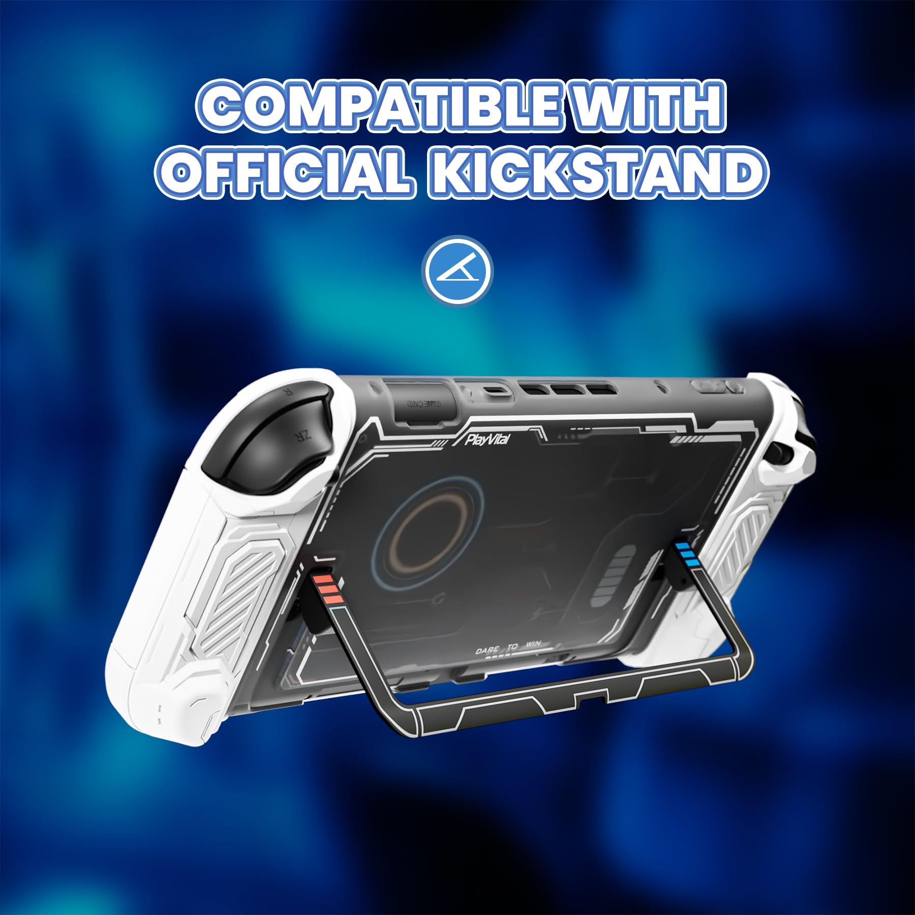 PlayVital Protective Case for Nintendo Switch 2, Stellar Mecha Ergonomic Anti-Slip Silicone Grip Cover, Dockable Hard Case Shell for Switch 2 with Joystick Cap & Sticker - White - 3