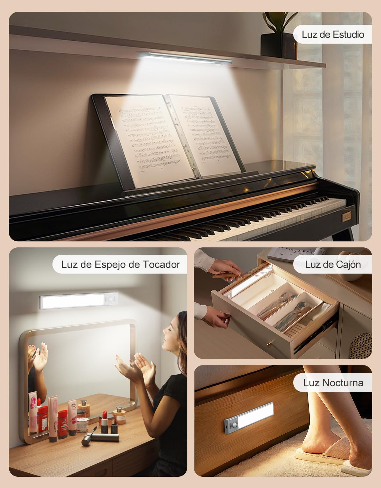 Luces LED Cocina Bajo Mueble [2 Piezas], 6000K 35 LEDs Luz Armario con Sensor de Movimiento Magnética Adhesiva, 3 Modos 2000mAh Recargable Luz Nocturna para Pasillo, Sótano, Escalera, Gabinete