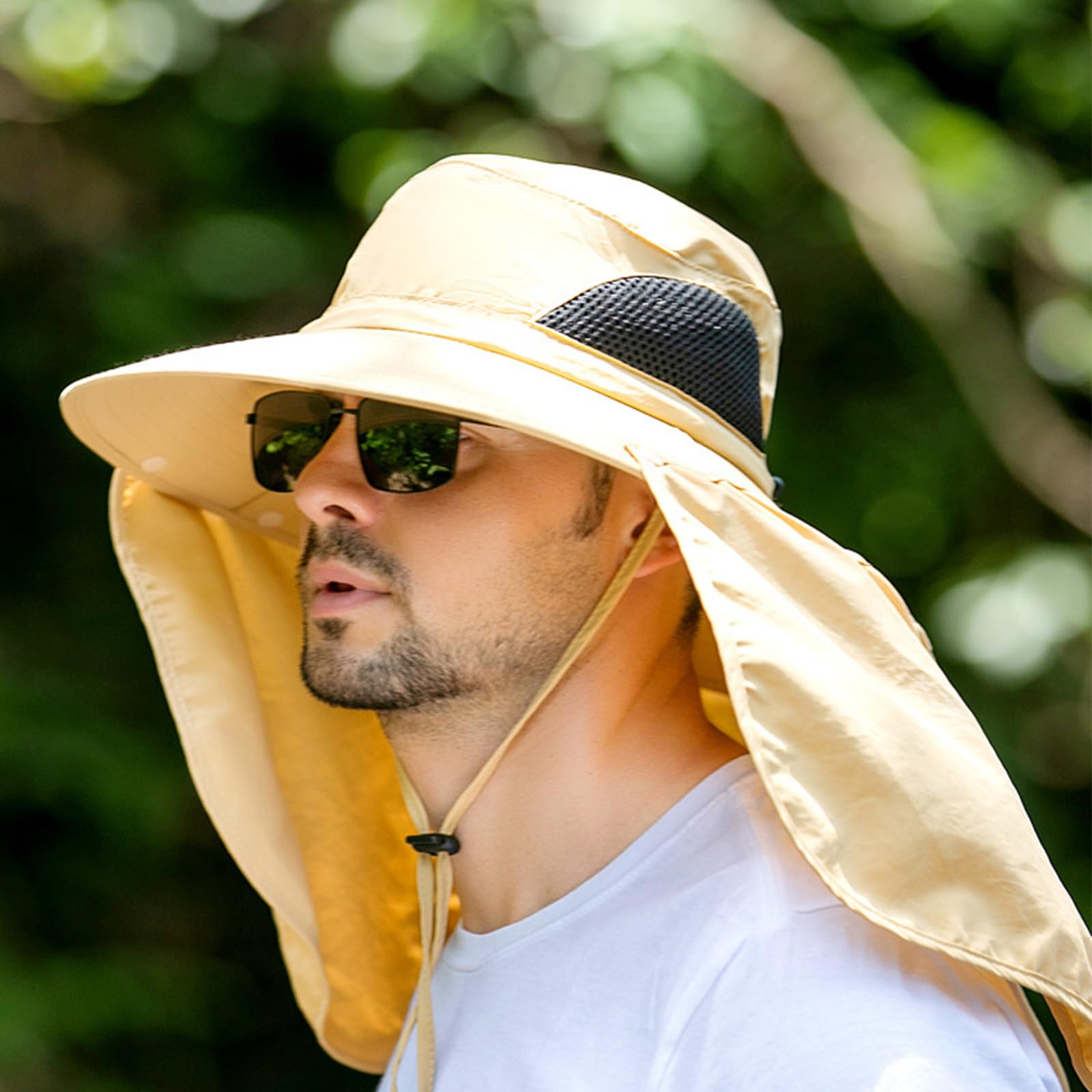 Sombrero de ala ancha para hombre, protección UV con solapa para el cuello, ajustable para pesca y senderismo al aire libre