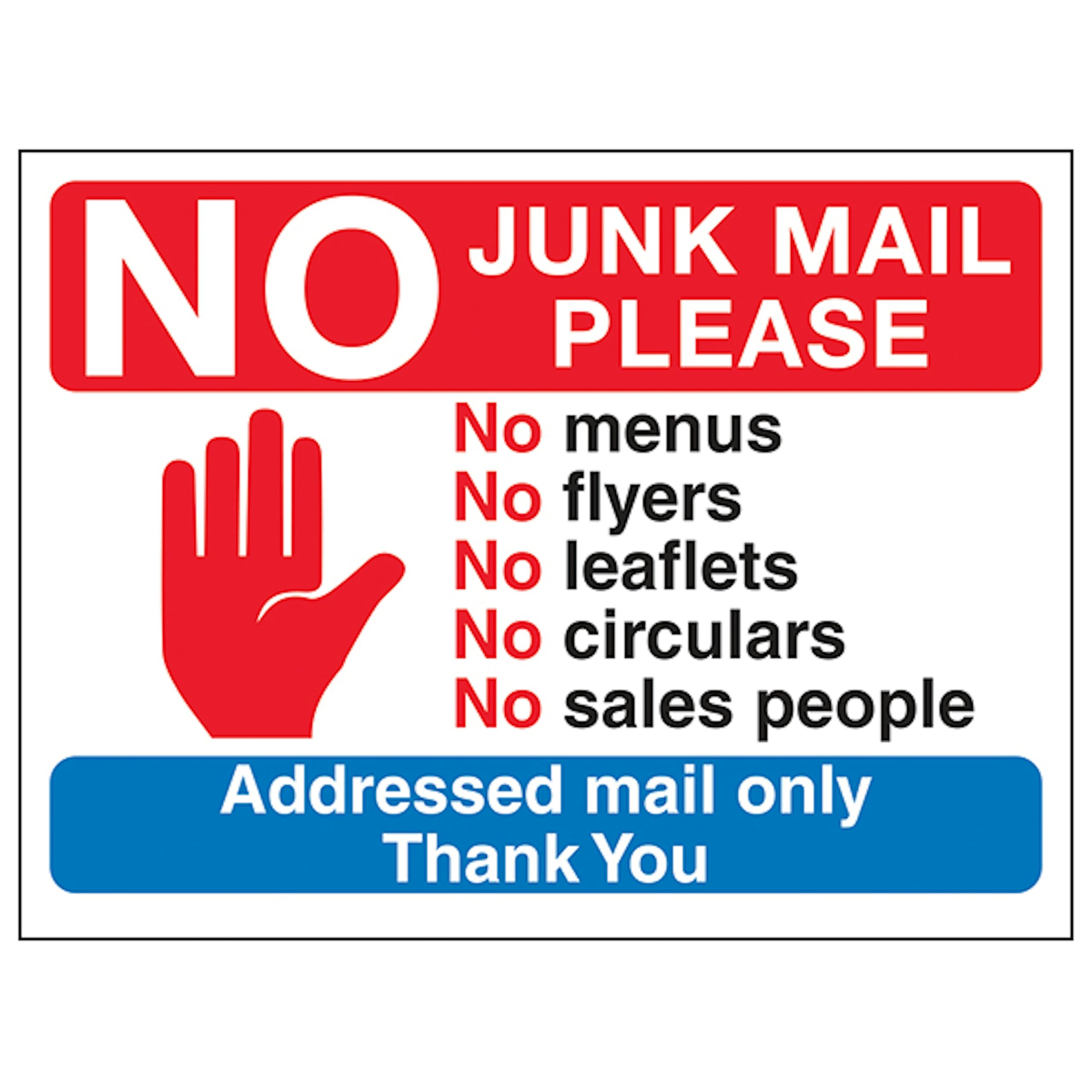 V Safety Stop Hand Symbol: No Junk Mail Please, No Menus... 200 x 150 mm - Glow In The Dark 1mm Rigid Plastic Safety Sign