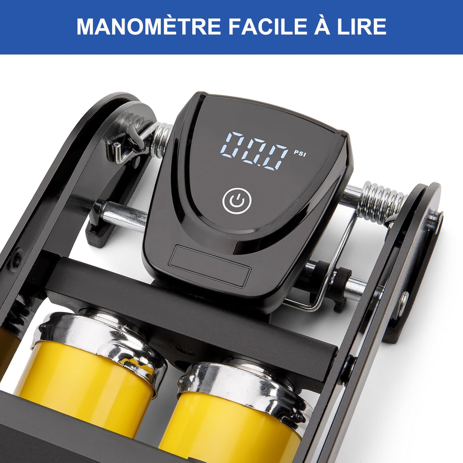 CXWXC Pompe à pied avec manomètre numérique 160 PSI – Pompe à air double cylindre compatible avec valves Schrader et Presta – Pour vélos, motos, ballons, gonflables, matelas pneumatiques et équipement