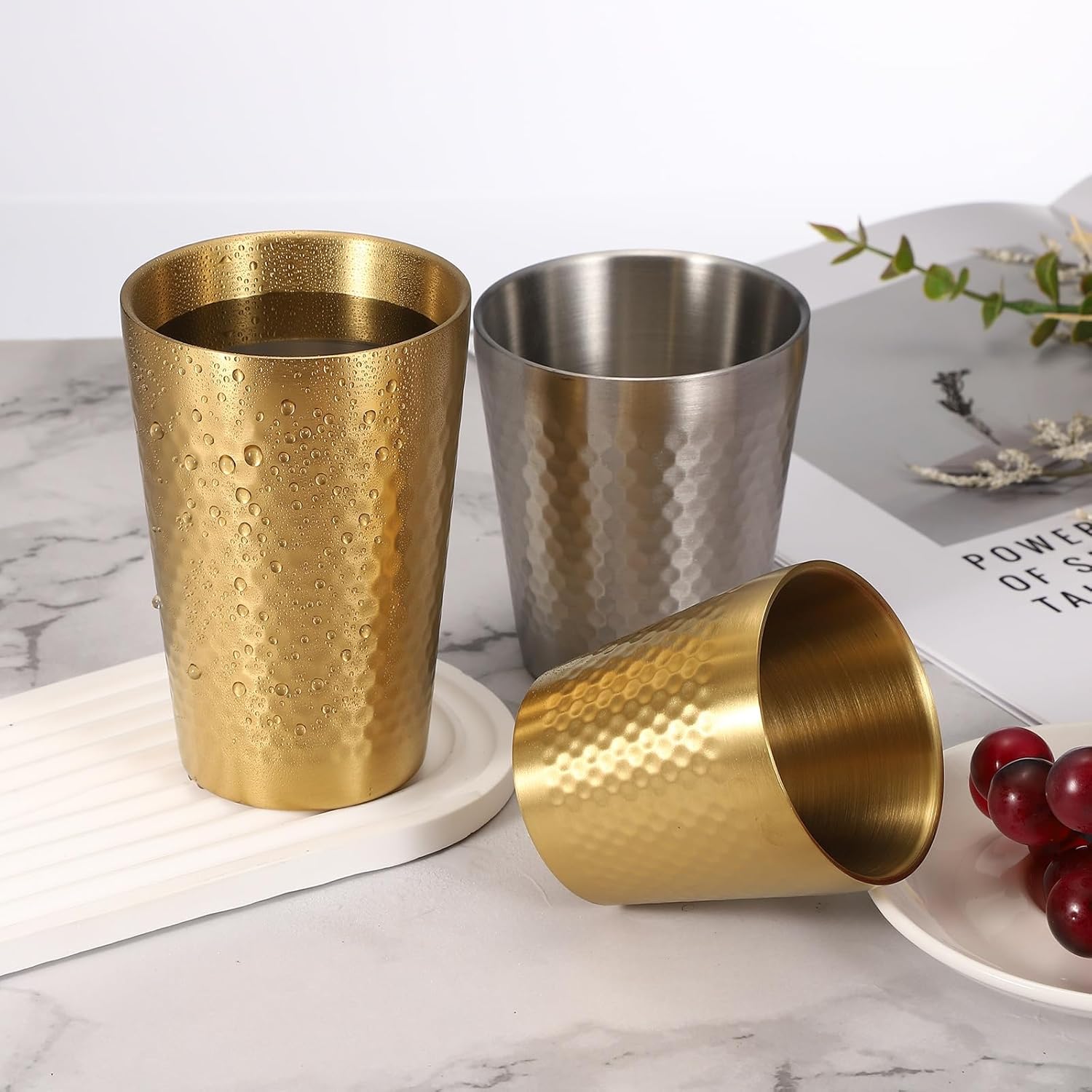 uxcell 2 Pcs Stainless Steel Cups, 9oz/260ml Metal Cups Diamond Textured Insulated Portable Stackable Drinking Tumblers for Home Restaurant Outdoor Travel Camping, Gold - Image 3
