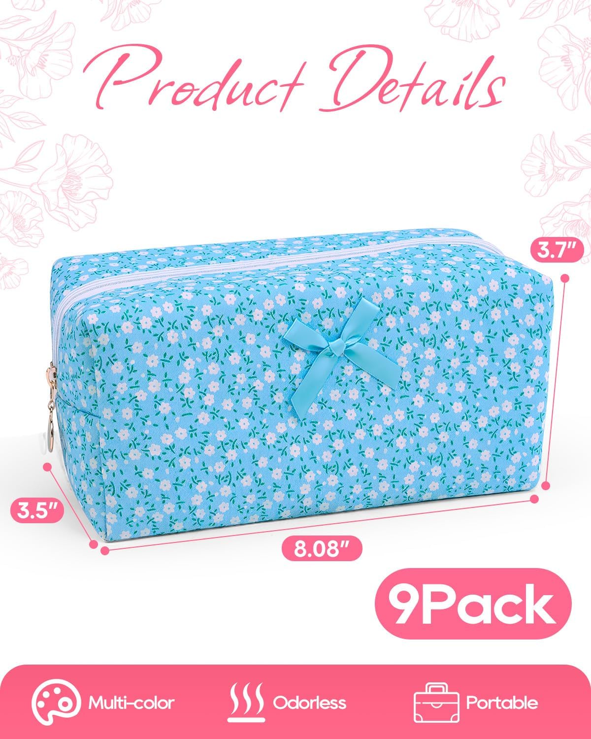 9 Packs Quilted Makeup Bag, Floral Makeup Bags Bulk Set - Travel Toiletry Pouches, Organizer for Bathroom, Gym, Emergency Kits, Vacation Essentials - Image 2