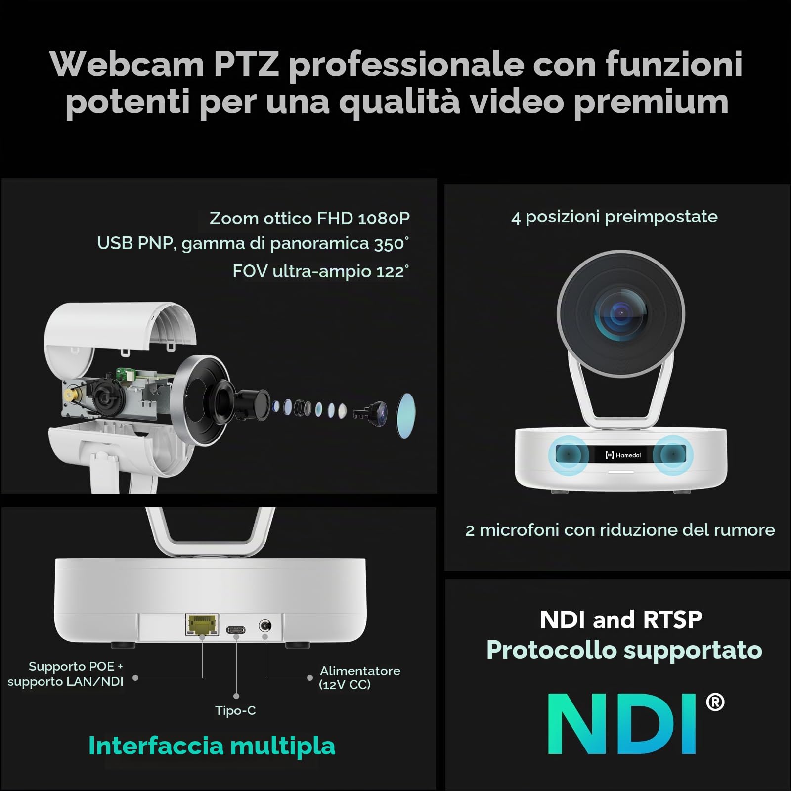 Nuroum V403 PTZ Webcam, Doppio Microfono Zoom ottico 5X/Autofocus, 1080P FHD Telecamera per videoconferenze con controllo remoto/grandangolo di 122°, per Live-Streaming/Skype