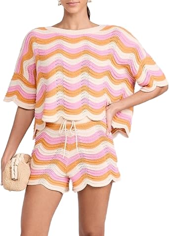 VOIKERDR Two Piece Sets for Women Summer Outfits Stripe Shirt and Shorts Crochet Two Piece Outfits Vacation