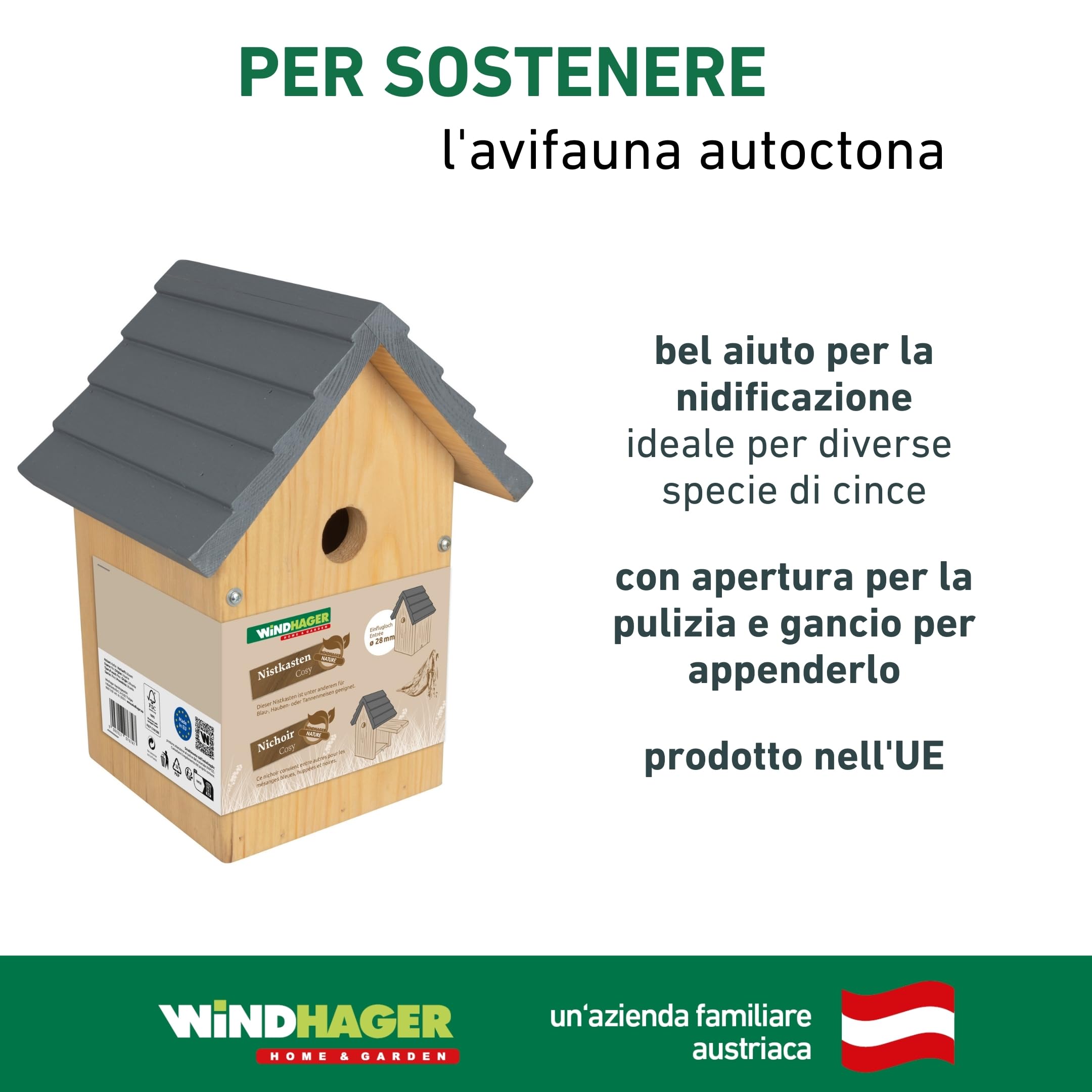 Windhager cassetta nido per uccelli Cosy, legno di pino massiccio, foro dingresso Ø 28 mm, casetta per uccelli, cassetta nido per cinciallegre, da appendere, resistente agli agenti atmosferici