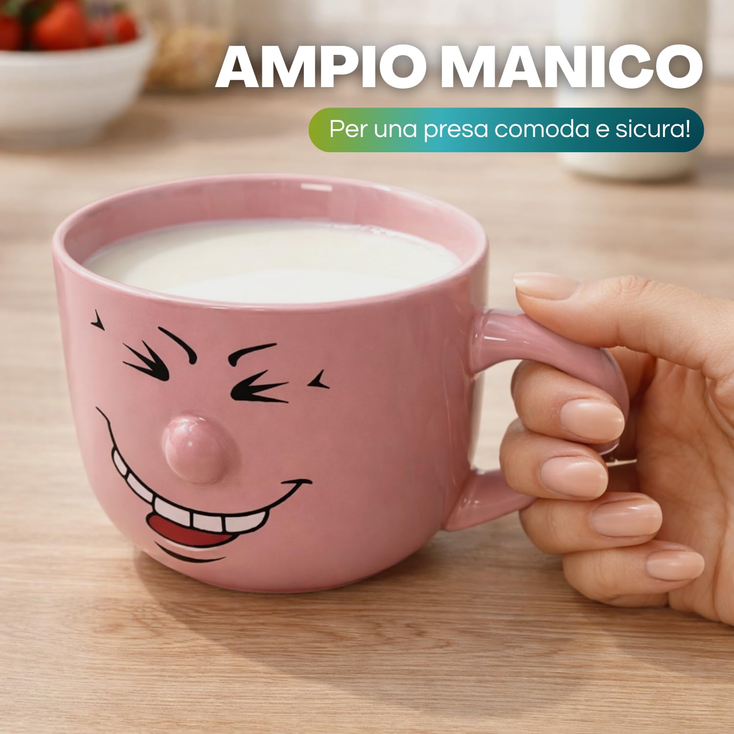 Paluplus Set 4 Tazze da Colazione in Porcellana Multicolor con Faccine Divertenti, Capacità 450 ml, Tazze Mug con manico, Lavabili in Lavastoviglie, adatte per Microonde, per Thè, Tisane e Latte -218F