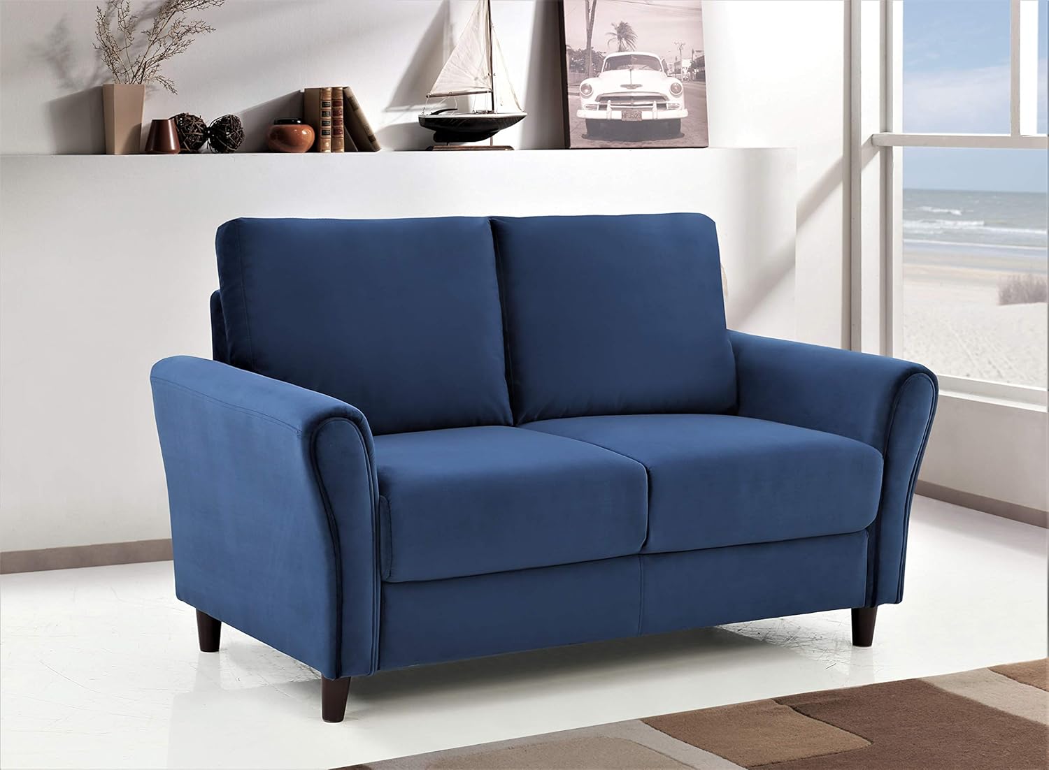 Container Furniture Direct Celestia Mid Century Modern Upholstered Sloped Arms Living Room, Loveseat, Ultra Blue