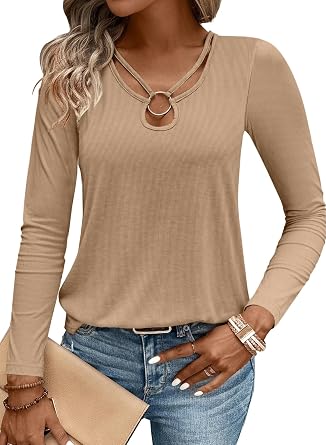 LOLONG Womens Long Sleeve Shirts Spring 2026 Sexy Tops Ribbed Knit Cut Out Ring Keyhole Neck Casual Tees