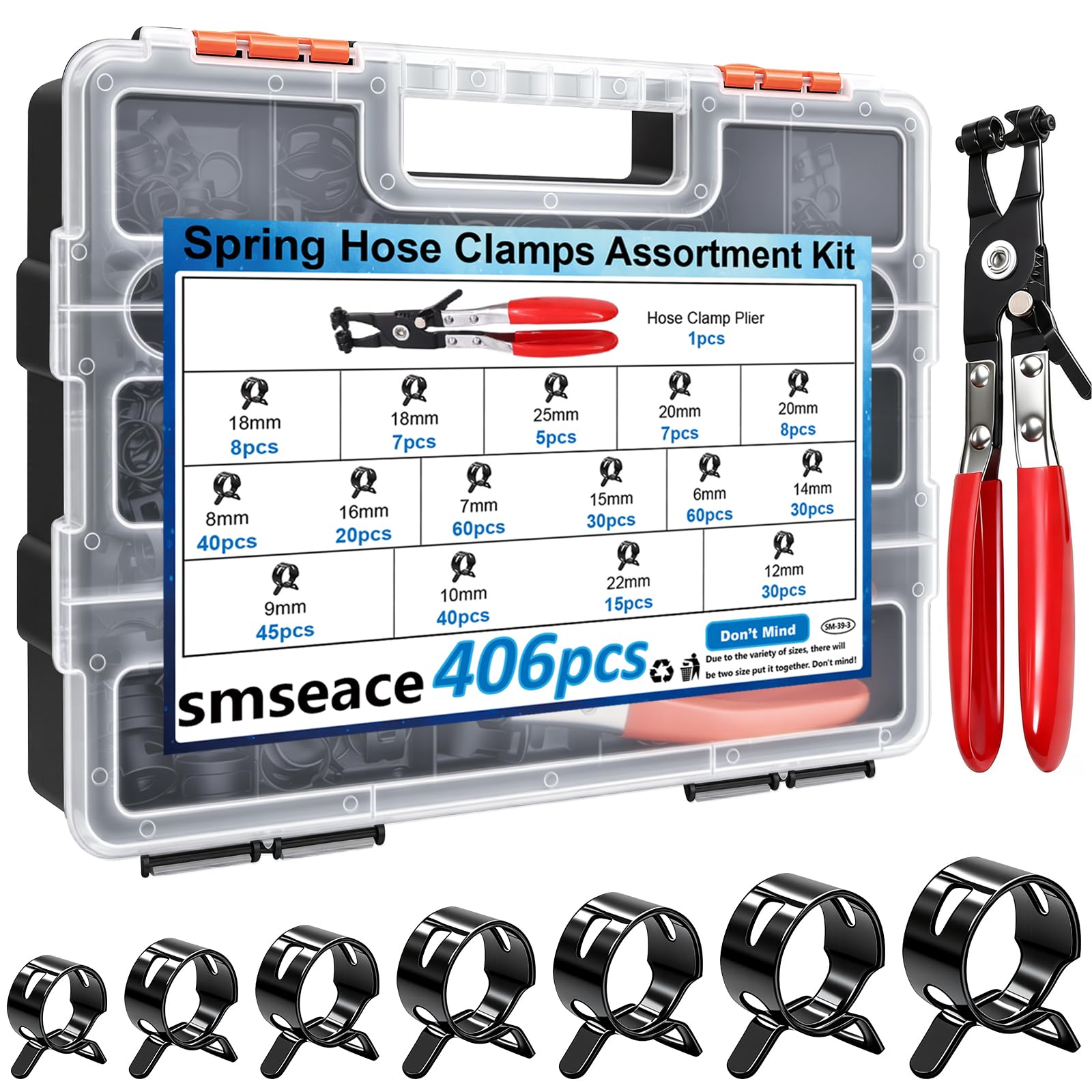 smseace 406Pcs 6-25mm Spring Band Hose Clamps With Plier 13-sizes Constant Tension Hose Clamp used for Fuel Line，Vacuum Hose，Air Hose