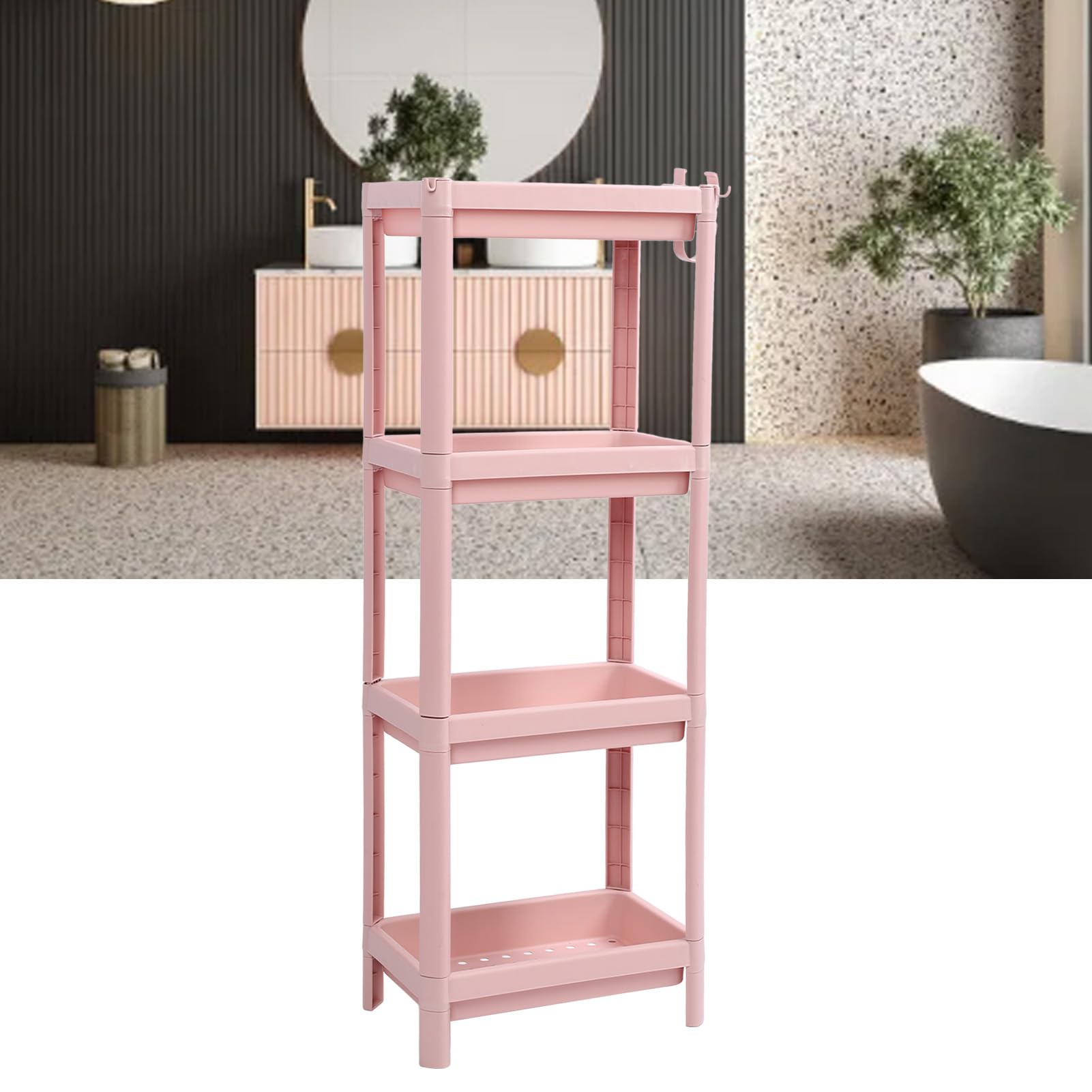 Estante de Almacenamiento de plástico de 3 Niveles, Estante de Almacenamiento de Piso de baño Rosa, Organizador de Estante de baño, Estante de pie Estable y Duradero de (Cuatro Capas)