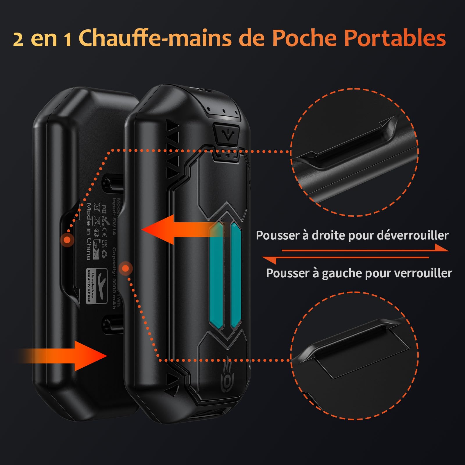 2 Pack Chauffe Main Rechargeable, Chaufferette Main Reutilisable 3000mAh Chauffe Main électrique Portable 3 Modes de Chauffage Rapide pour Sport en Plein Air Camping Hiver Cadeau de Noë(Noir)