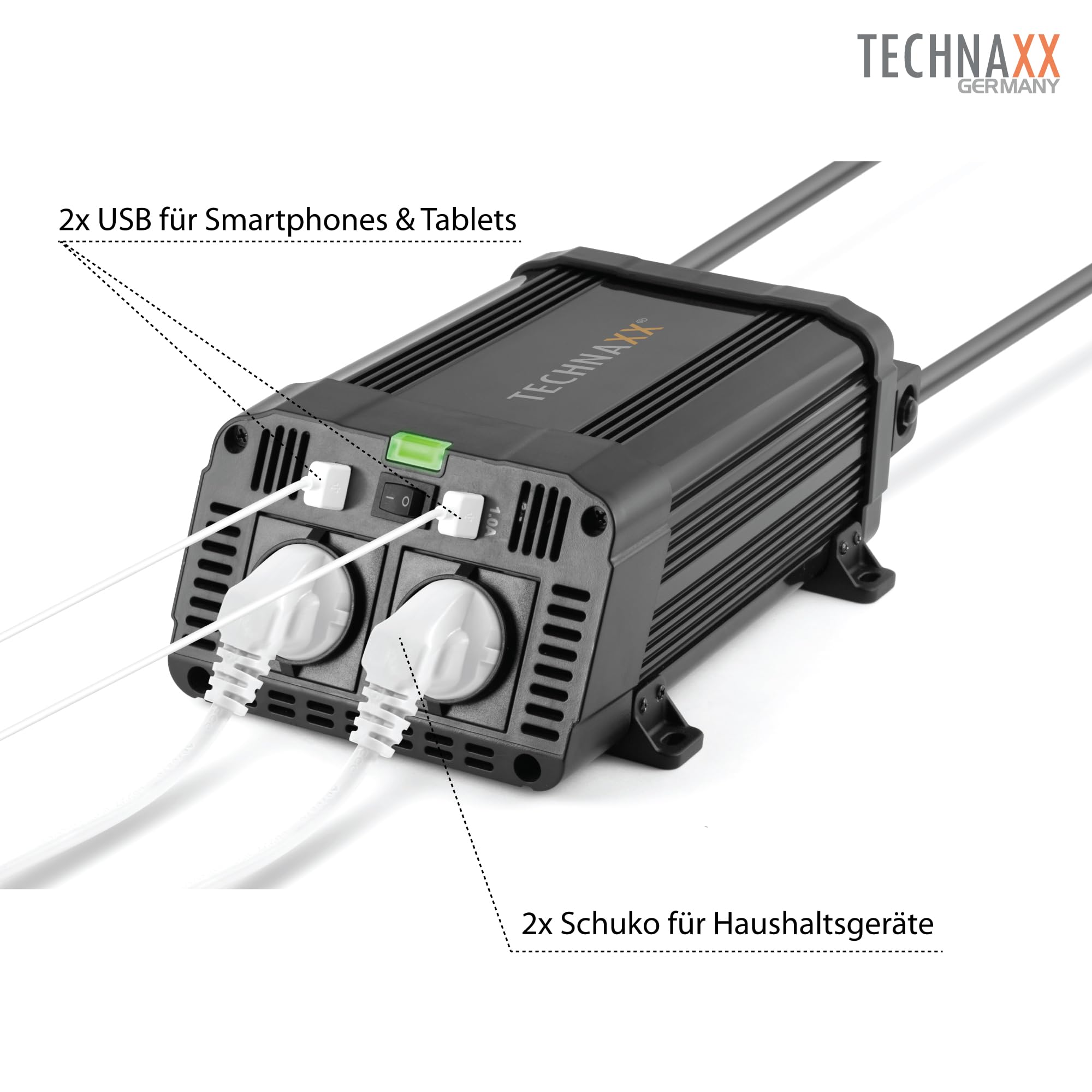Technaxx KFZ Wechselrichter 12V auf 230V 1200W (2400W Spitze) – TÜV zertifizierter Spannungswandler mit 2x Schuko-Steckdose & 2x USB 5V/3,1A – Inverter für Auto, Wohnmobil, Camping, Boot, LKW – TE16
