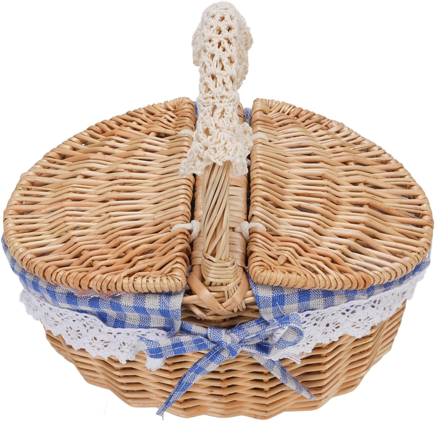 Wicker Picnic Basket with Lid, Elegant Oval Wicker Picnic Basket for Picnics, Camping, and Family Gatherings, Removable Liner, Ideal for Easter, Fall, Kitchen Decoration (Blue