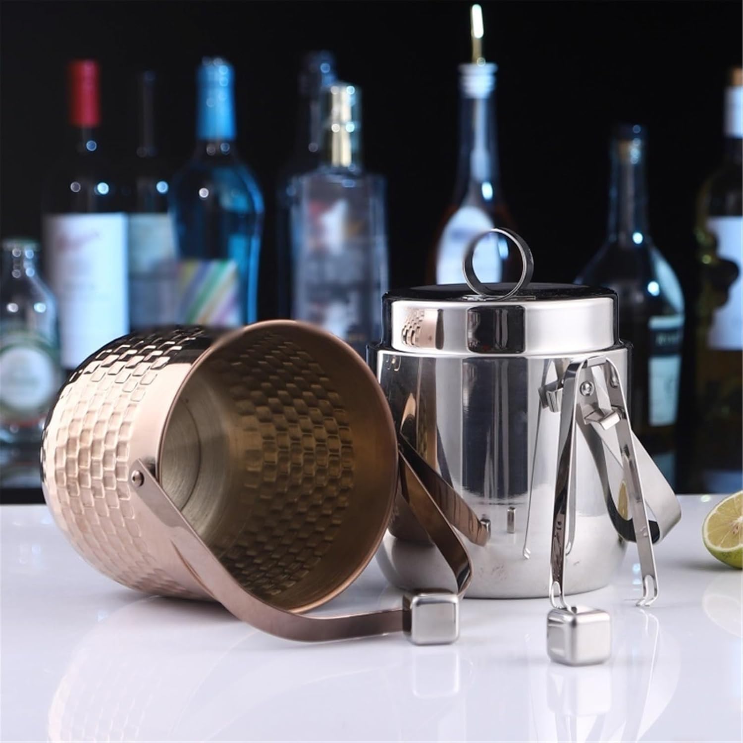 アイスバケット ステンレススチール ダブルレイヤー アイスバケット 蓋とトング付き バー パーティー シャンパンバケツ (ローズゴー