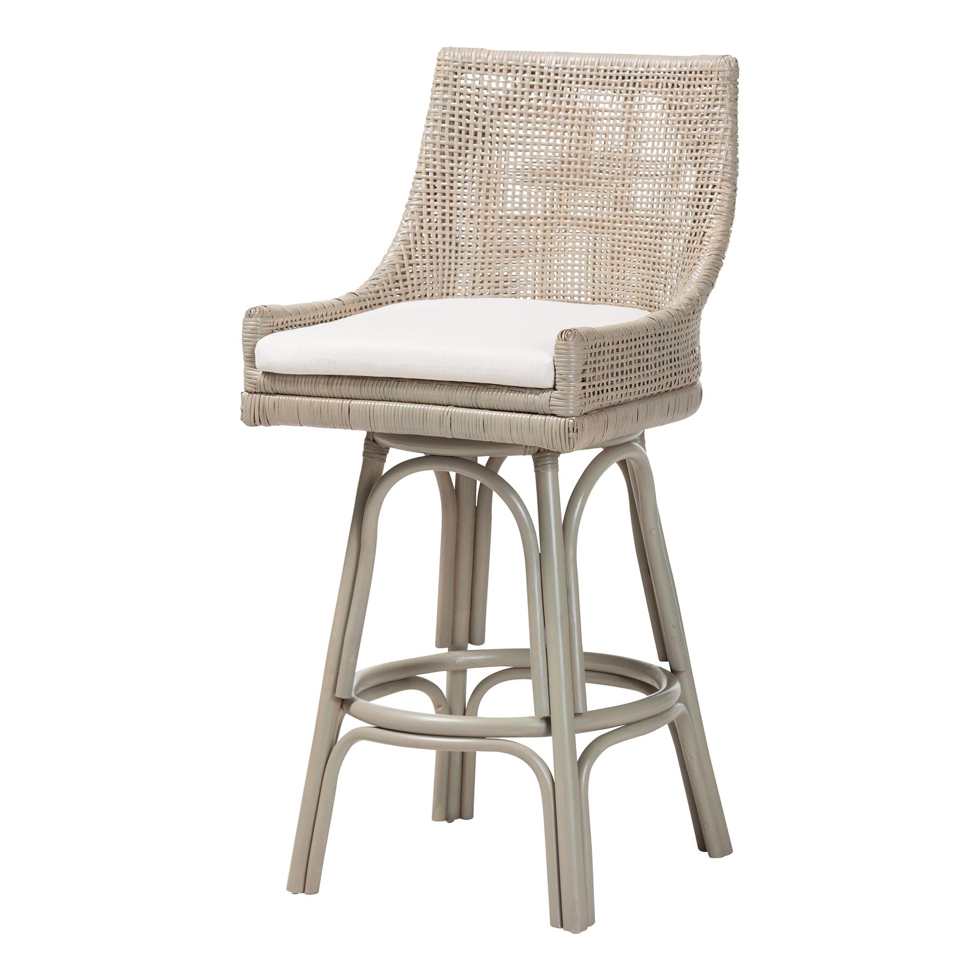 Photo 1 of bali & pari Bella Swivel Rattan Bar Stool with Cushion - Handwoven Wicker Bar Chair with Backrest and Footrest, French Grey