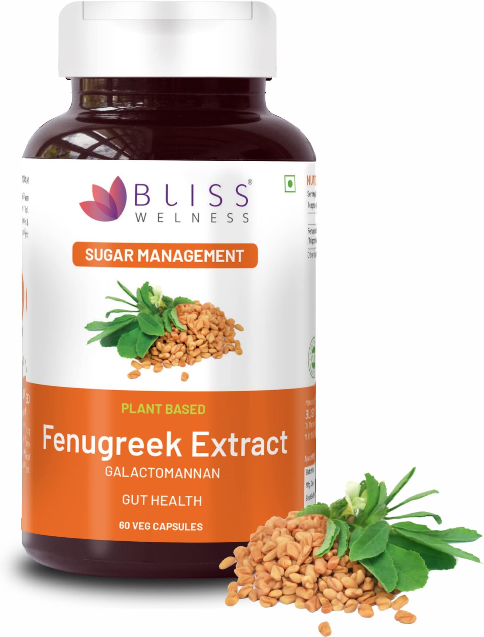 Pure Sugar & Weight Management | Fenugreek Seed Extract 1000mg Galactomannan Fiber | Gut Metabolism Health Supplement - 60 Vegetarian Capsules